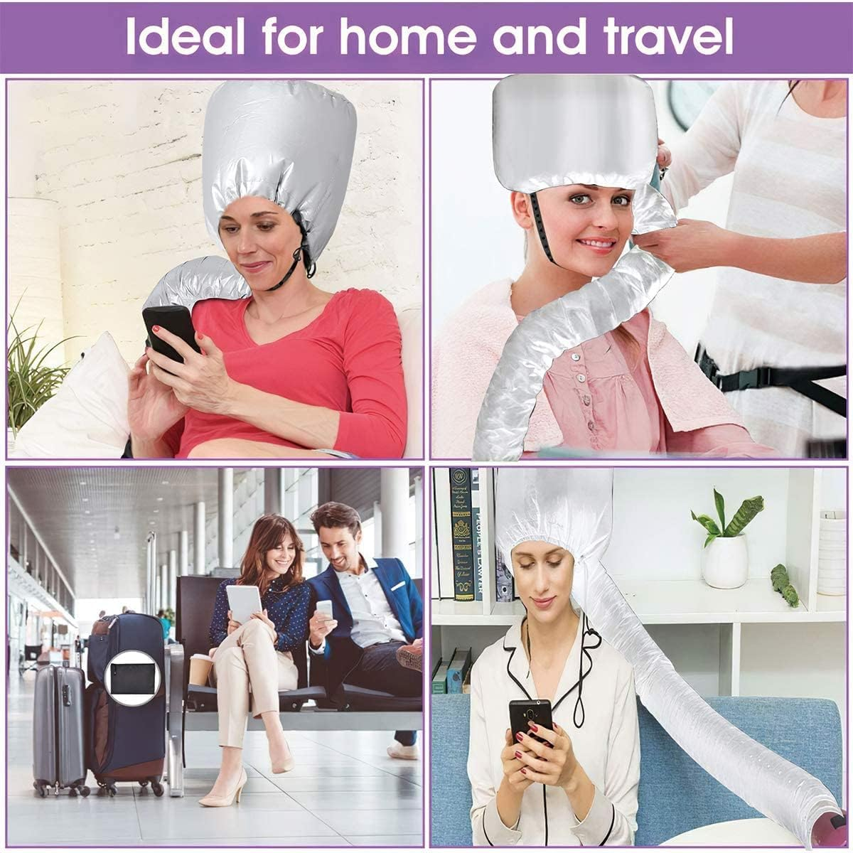 ZANZER Bonnet Hood Hair Dryer Attachment,Adjustable Portable Hooded Hair Dryer Bonnet Cap Hands Free for Hand Held Hair Dryer- Speeds up Drying Time at Home, Easy to Use for Styling,Deep Conditioning (Silver) image number 2