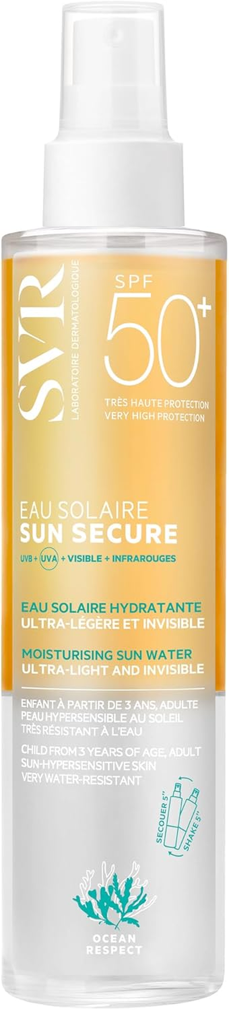 SVR SUN SECURE Sun Water - Face and Body Sunscreen SPF 50+ Oleo-Water Spray for Hypersensitive Skin, Invisible Finish, Reef-Safe, All Ages, 200Ml