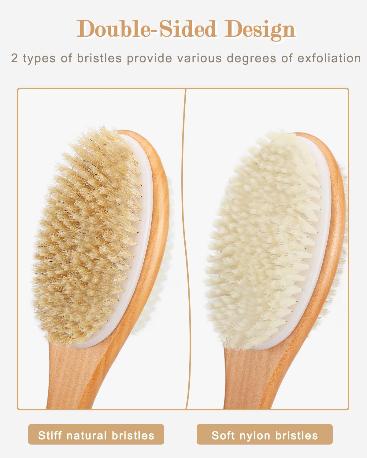 FREATECH Long Handle Body Brush Back Scrubber Exfoliator - 17.3" Wooden Bath Shower Brush, Dual-Sided Brush Head with Soft Nylon Bristles and Stiff Natural Bristles for Wet or Dry Brushing,Blue image number 5
