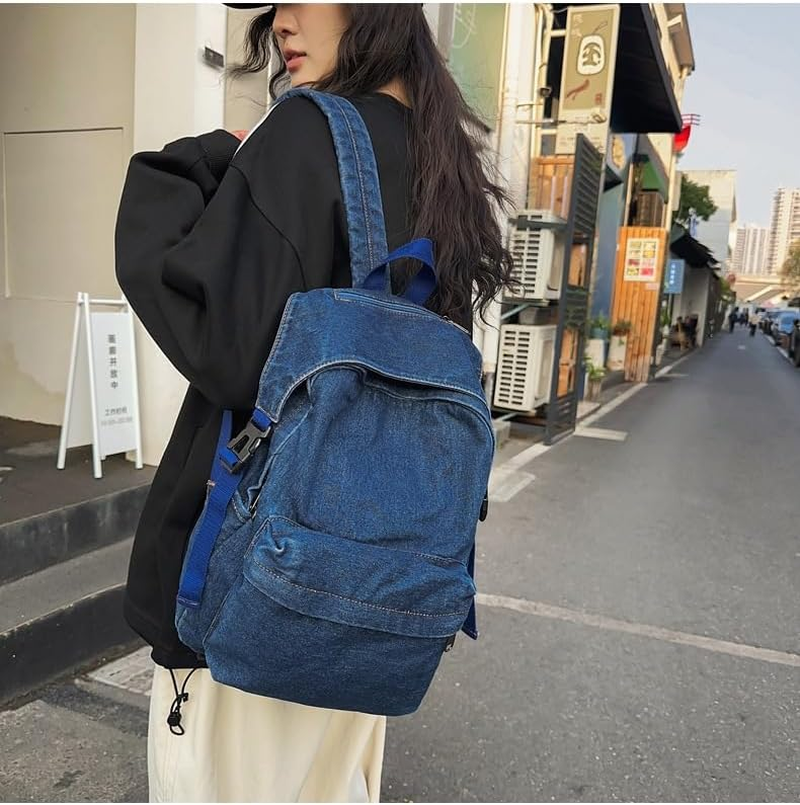 Generic Classic Retro Denim Backpack Aesthetic Shoulder Bag Lightweight Daypack Casual Jeans Backpack for College - Black image number 4