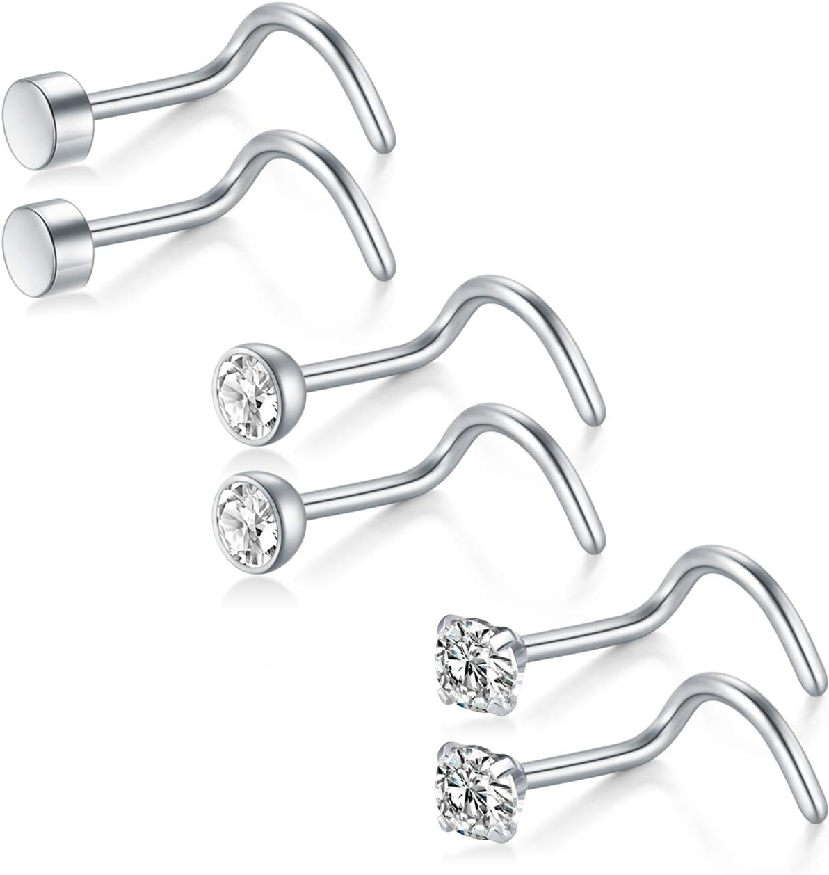 Briana Williams 3 Pairs 18G Stainless Steel Nose Rings Stud Set for Women Men Screw Nostril Piercing Jewelry 1.5Mm 2Mm 2.5Mm 3Mm Clear CZ Flat