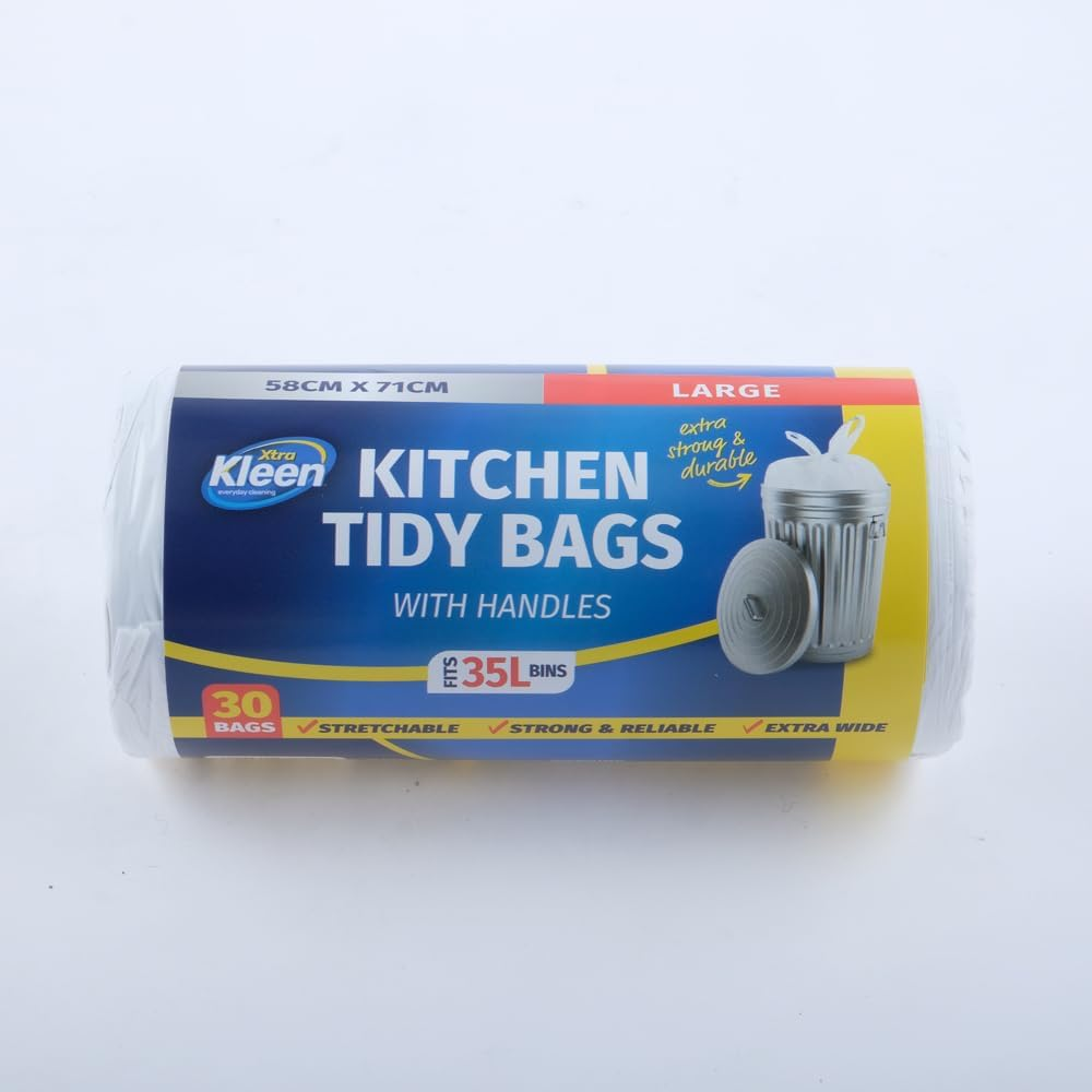 Xtra Kleen Bin Liner Kitchen Tidy Garbage Bag with Handle, White, Large, 35 Litre Capacity (Pack of 30) image number 1