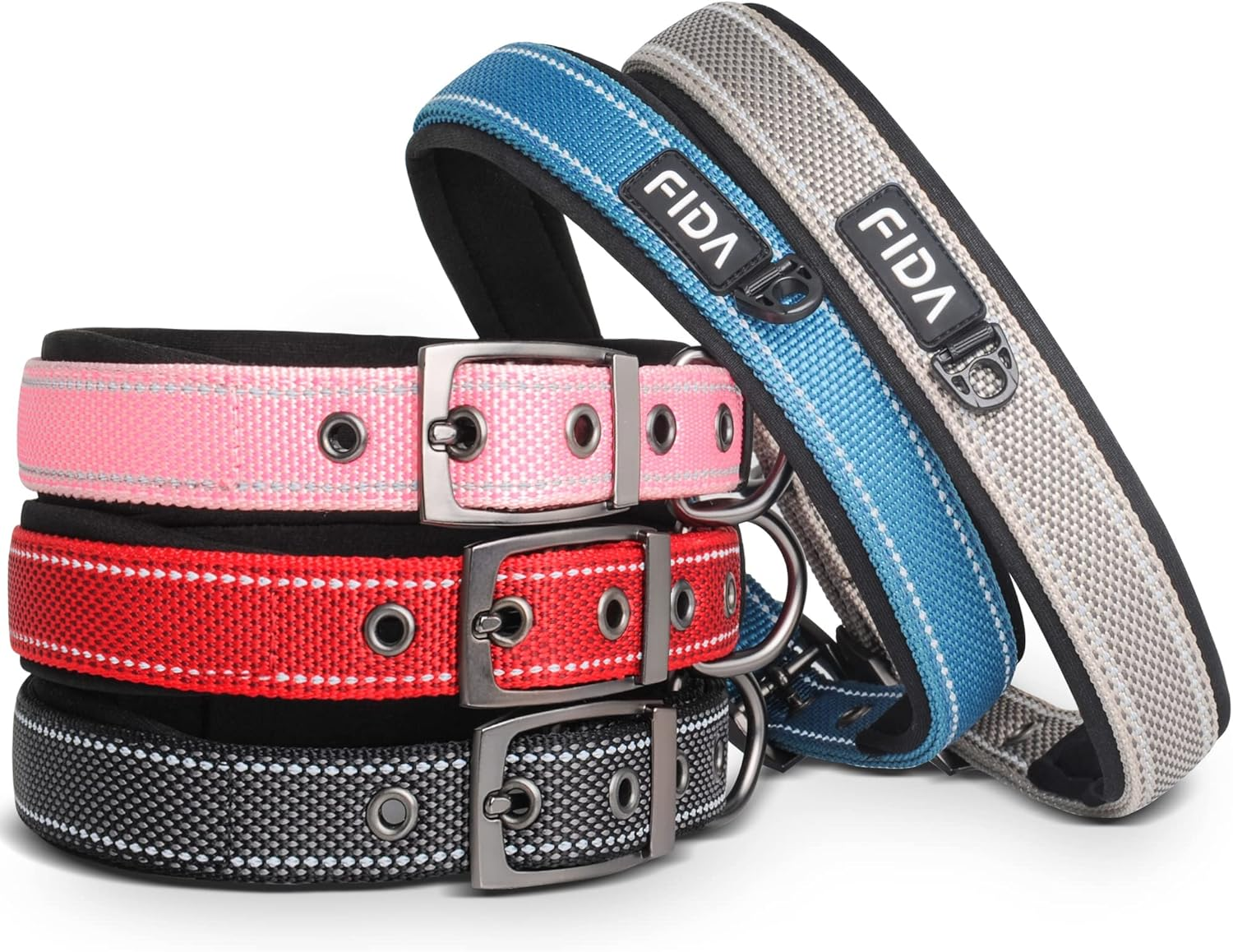 Fida Heavy Duty Dog Collar, Ultra Comfortable Soft Neoprene Padded, Adjustable Reflective Nylon Pet Collar with Durable Metal Belt Buckle for Medium Breeds (M, Blue) image number 6