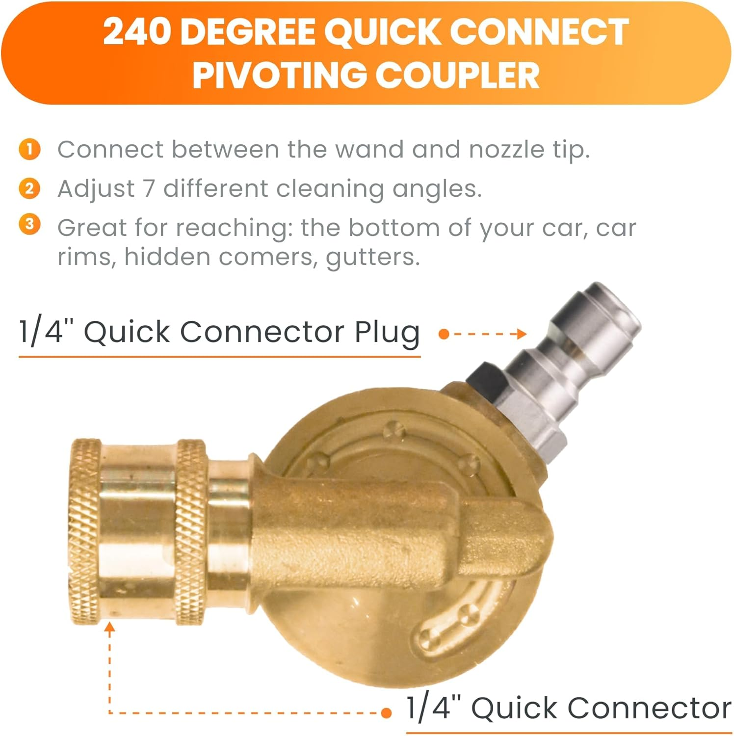 Giraffe Tools Pressure Washer Pivoting Coupler, 7 Angles Gutter Cleaner Attachment, Max 4000 PSI with 1/4&ldquo; Quick Connect, 240 Degree Rotation image number 5