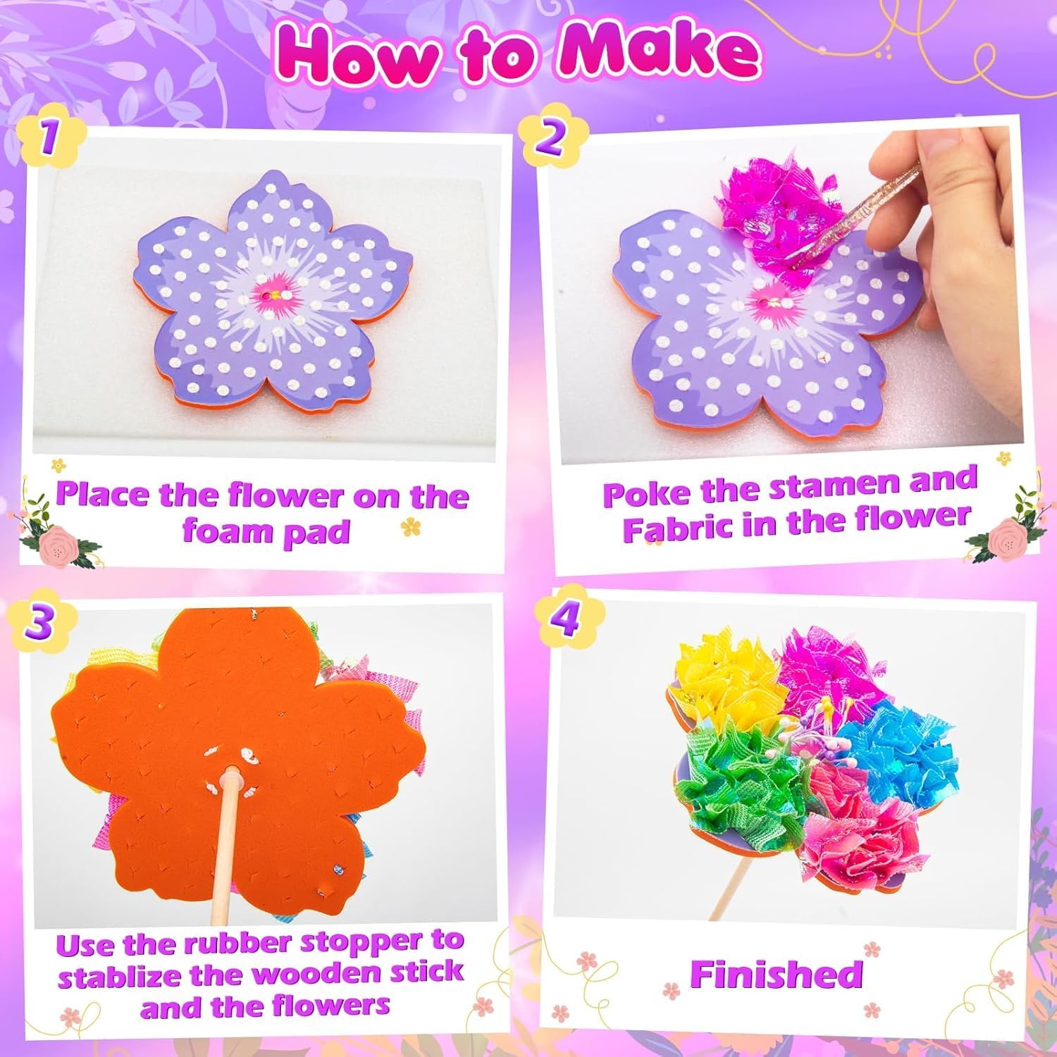 Poke-In Art Flower Bouquet Craft Kit for Girls Ages 4-12, DIY Creative Activity with 8 Flowers, 2 Butterflies & Wooden Vase, Mess-Free Kids Arts and Crafts, Birthday Gift Toys for 4 5 6 7 8 9 Year Old image number 2