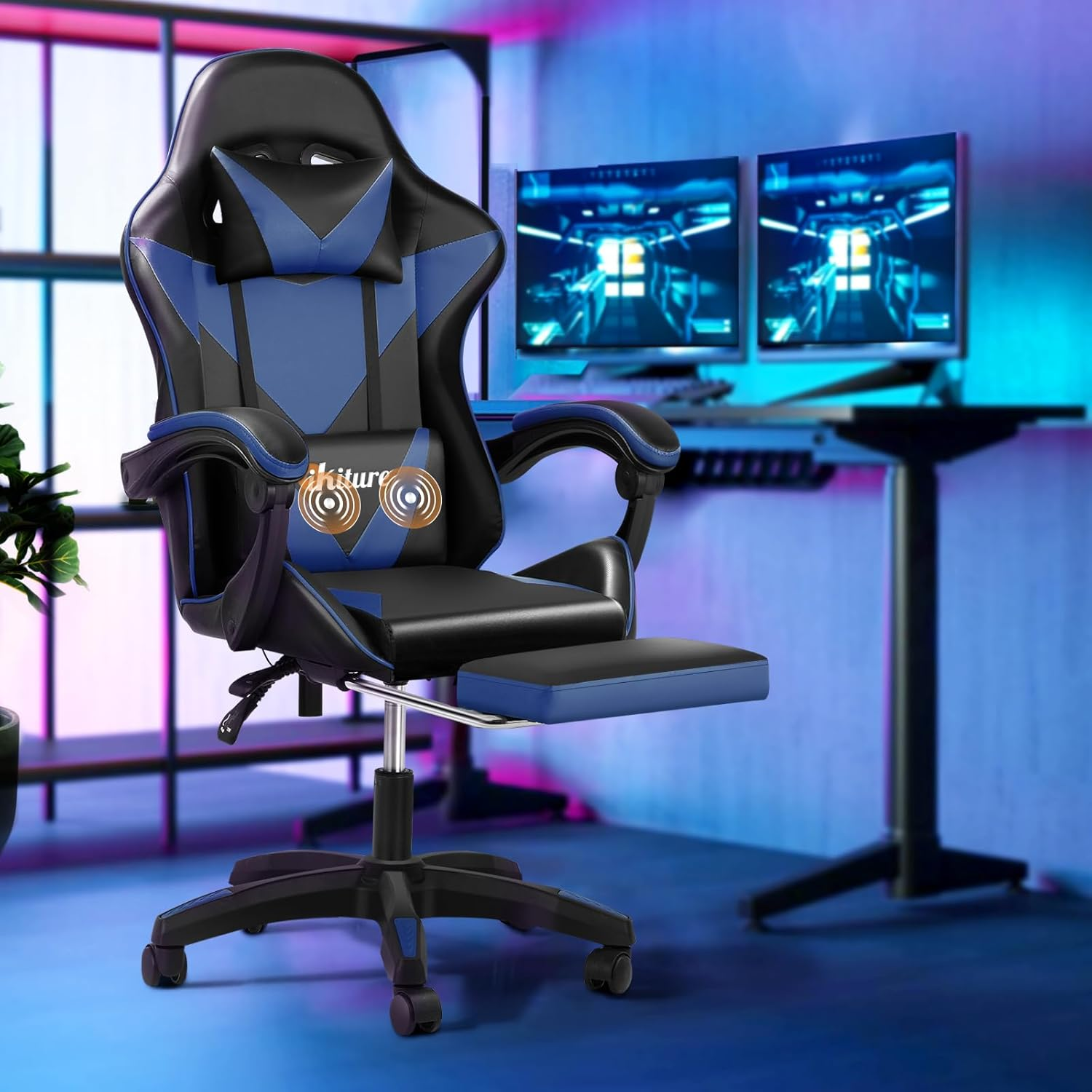 Oikiture Home Gaming Chair Executive Computer Desk Chair with Footrest and Lumbar Pillow Massage Office Chair Black and Blue image number 4