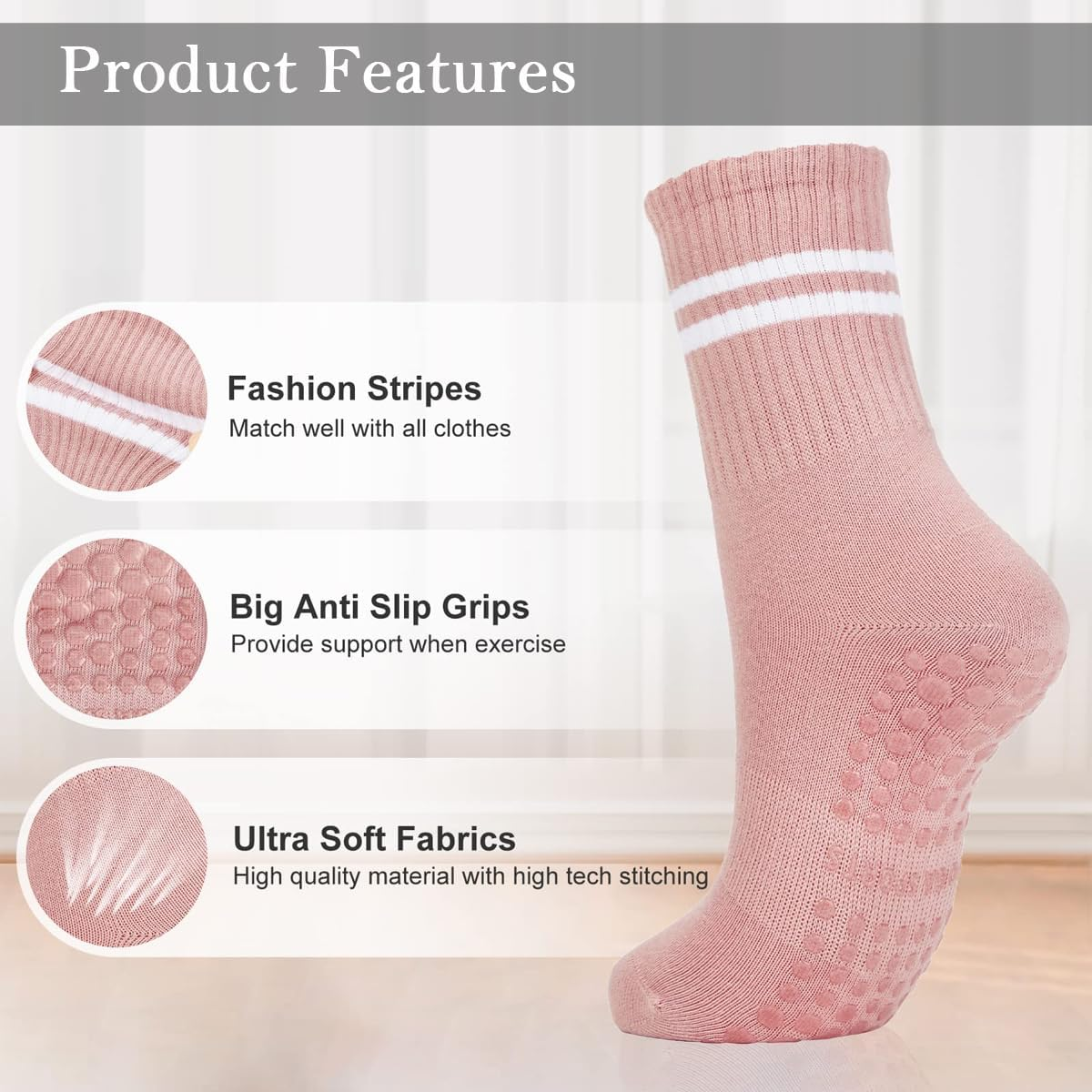 8 Paris Women Pilates Socks Yoga Socks with Grips for Women Non Slip, Pilates, Workout, Pure Barre, Ballet, Dance, Hospital Socks image number 3