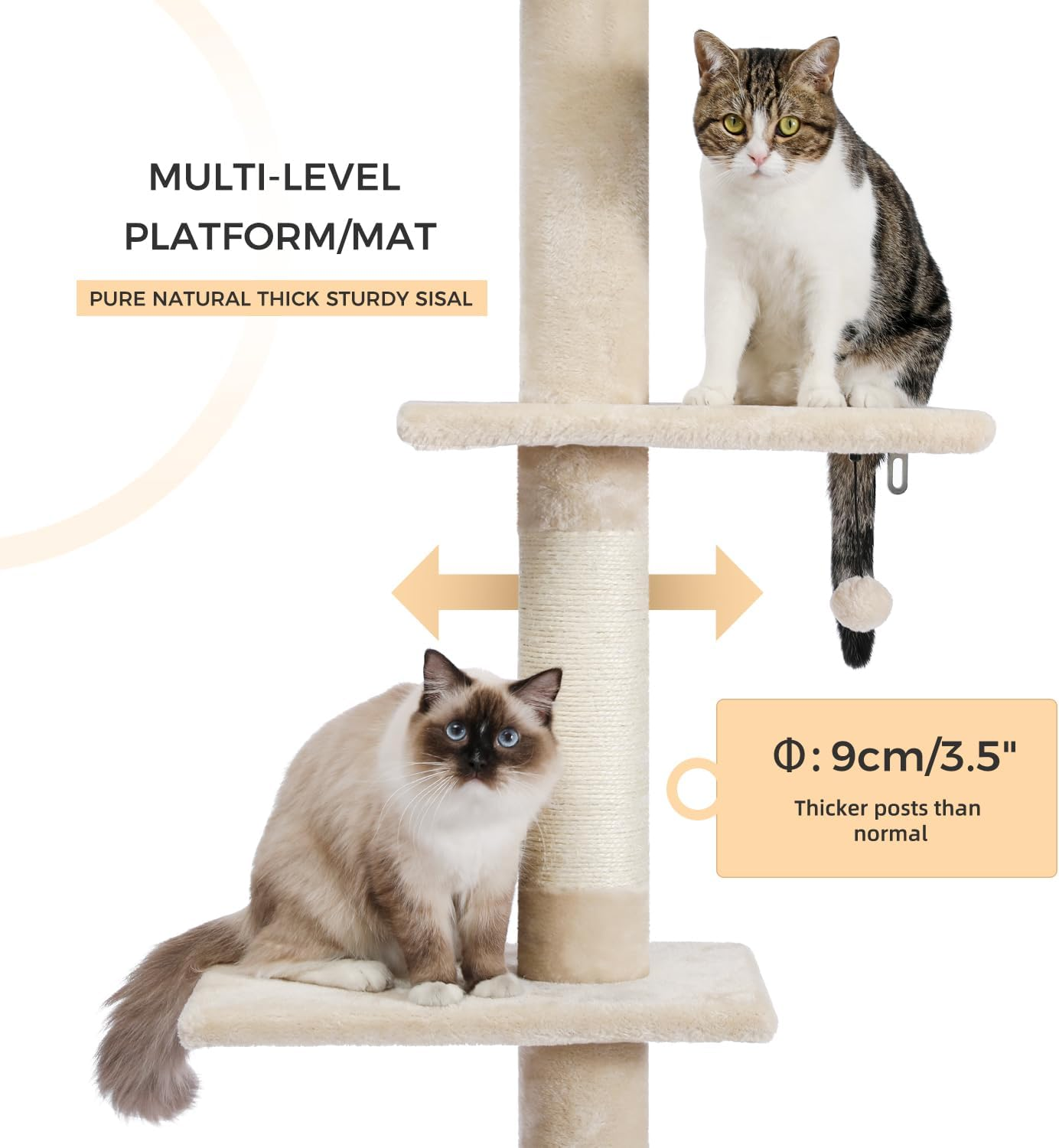 PAWZ Road Cat Tree 5-Tier Floor to Ceiling Cat Tower Height Adjustable 95-107 Inches, Tall Kitty Climbing Activity Center with Scratching Post, Cozy Bed, Dangling Ball for Indoor Cats Beige - Grey image number 3