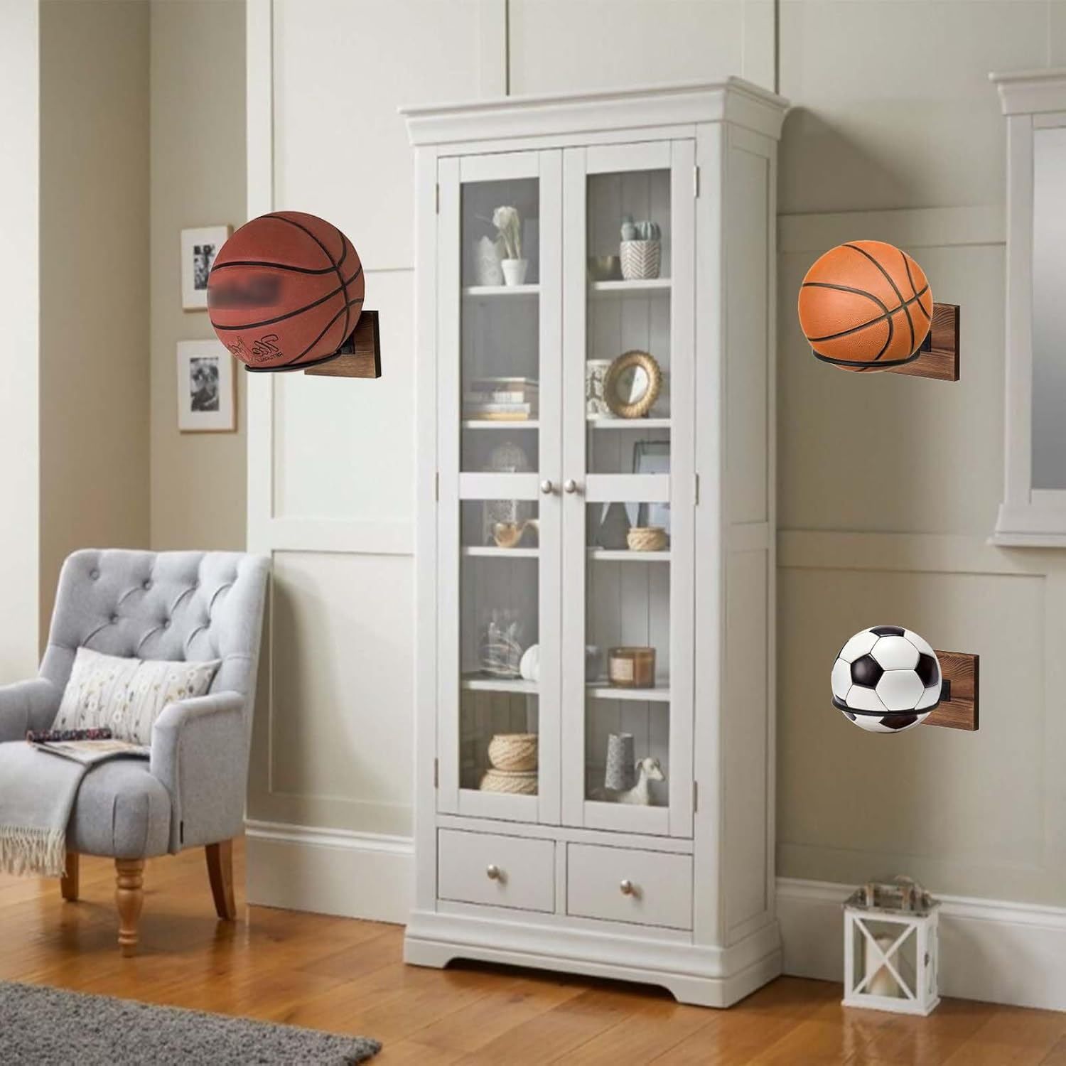 3Pcs Basketball Holder,Wall Mount Ball Storage,Basketball Rack with Wooden Base,Ball Holder for Basketball Stuff,Soccer,Volleyball Collection,Rugby, Soccer Accessories for Boys image number 1