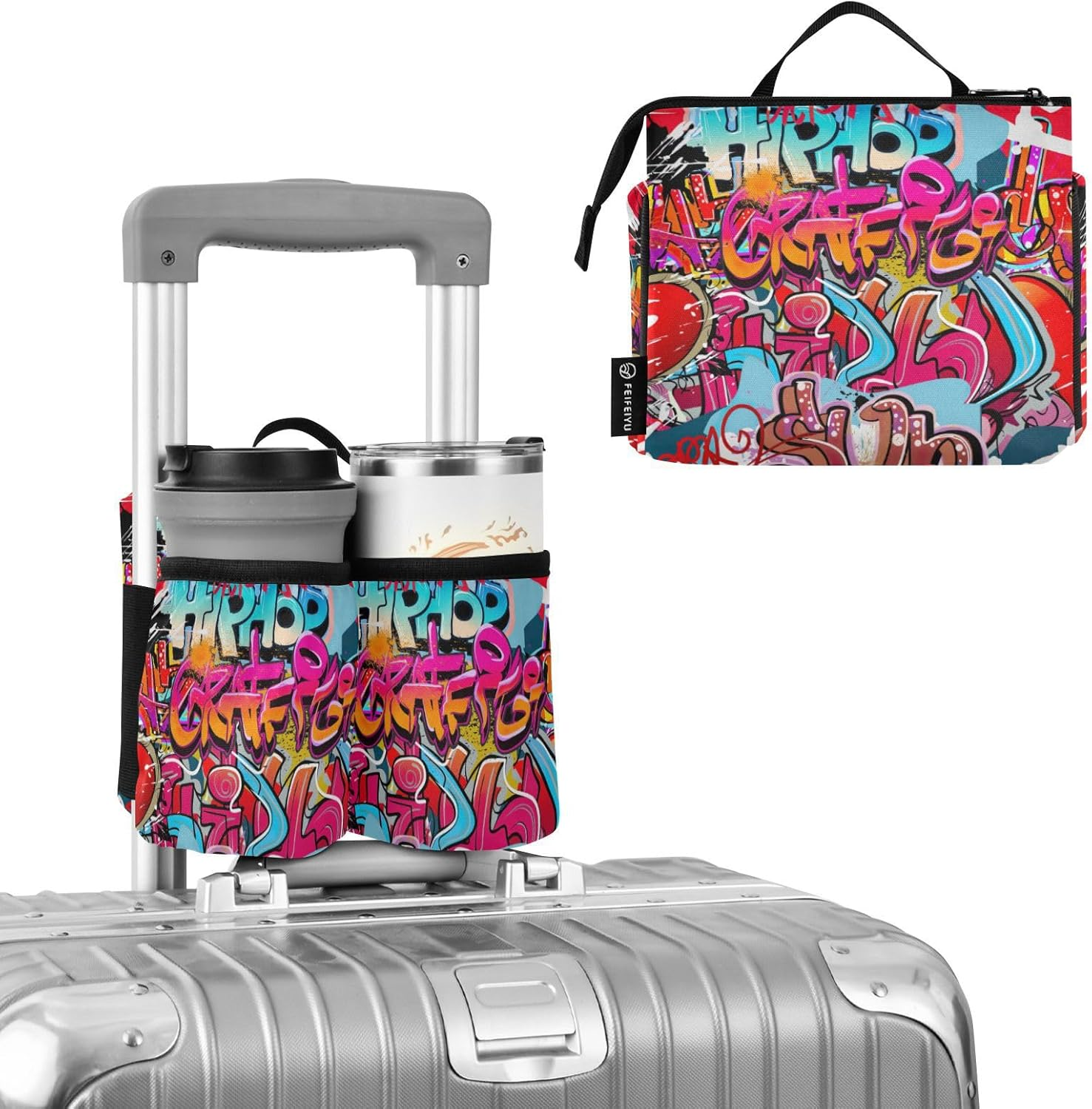 Cup Holder Suitcase Multifunctional Graffiti Wall Urban Hip Red Travel Accessories for Suitcase Travel Gifts for World Travelers image number 4