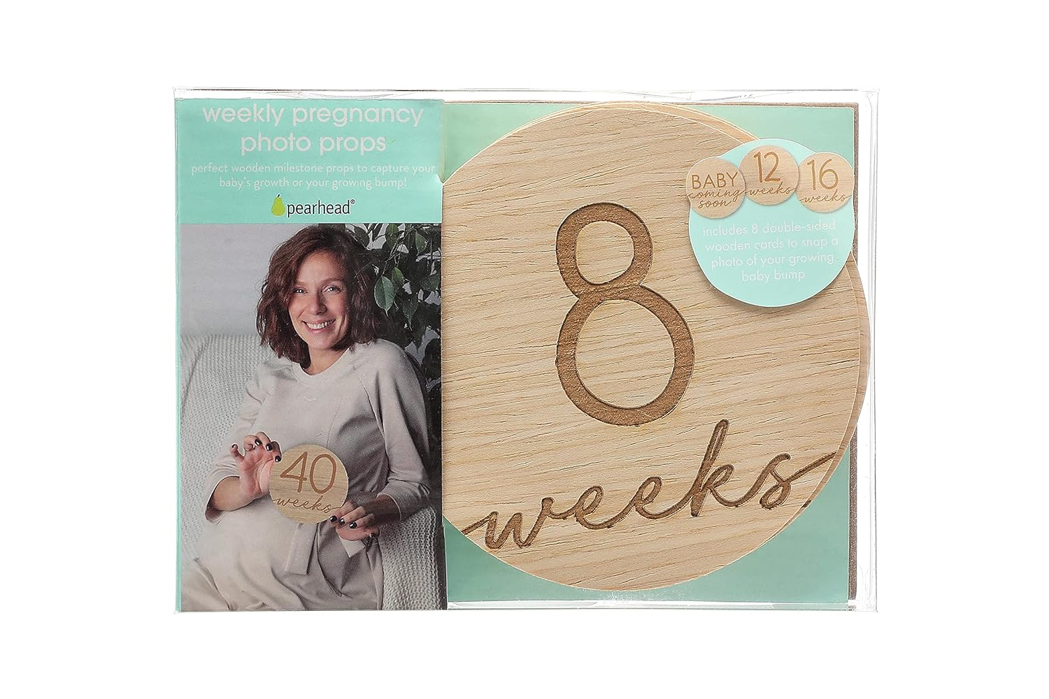 Pearhead Pregnancy Journey Milestone Markers, Wooden Weekly Growth Milestone Discs, Pregnancy Announcement and Baby Arrival Double Sided Photo Prop Cards, Modern Wooden Newborn Accessories image number 4