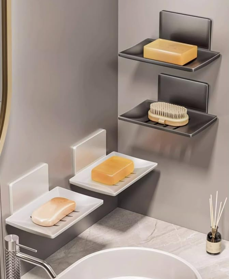 Self-Adhesive Soap Dish for Shower, Bathroom Soap Holder Wall Mount, Soap Savers for Bar Soap and Sponge Easy Drainage, 2 Pack Stainless Steel Soap Dishes for Bar Soap (Grey, One Size)