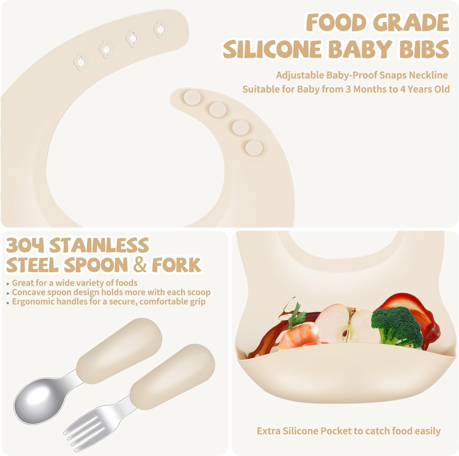 Baby Toddler Tableware Set, 6 PCS Stainless Steel Silicone Utensils, Durable & Spill-Proof, Baby Feeding Set Plates & Bowls, Cup, Forks Spoons & Silicone Bib, Bpa-Free, Dishwasher Safe