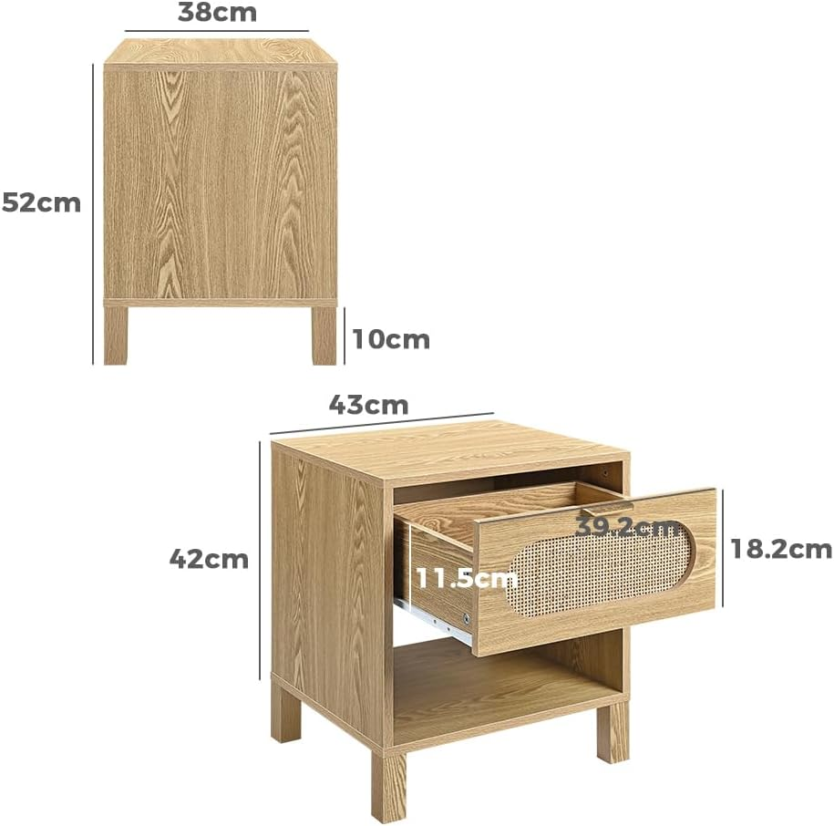 Furb Bedside Table with Storage Drawer Rattan Side End Table Small Narrow Nightstand for Living Room Bedroom Furniture, 43X38X52Cm image number 2