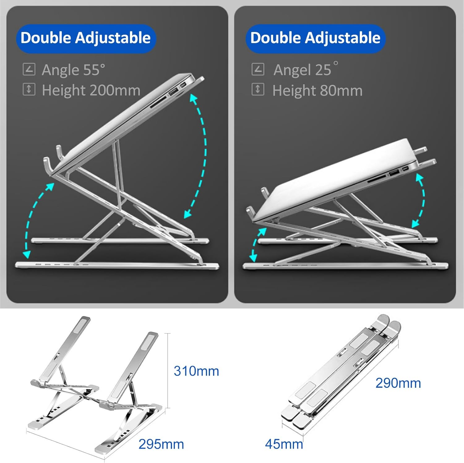 Laptop Stand Kamoon Portable Adjustable Tablet Computer Stand Aluminum Alloy Folding Laptop Stand Compatible Macbook Air Pro, HP More 10-15.6" Laptops & Tablet (Silver-2) image number 4