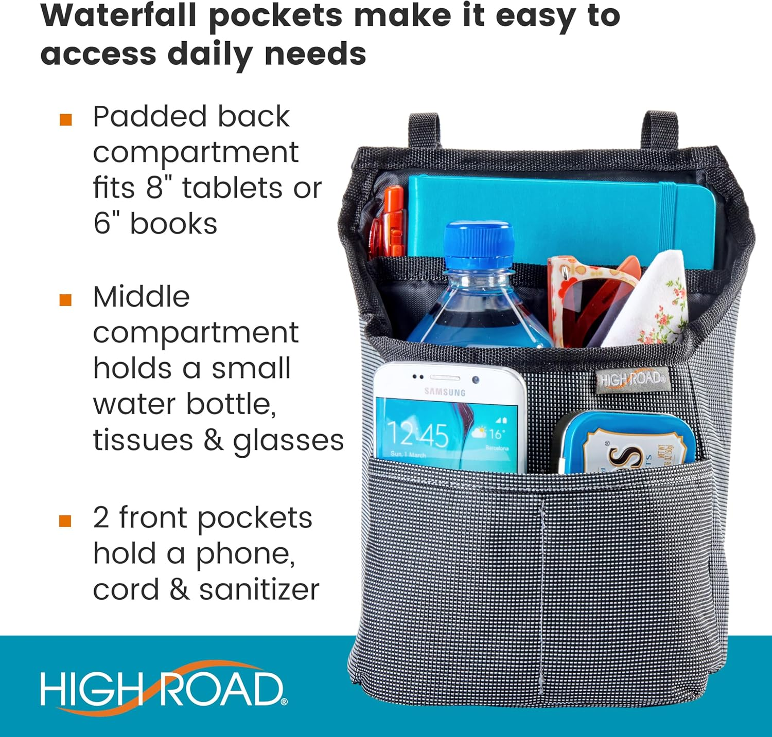 High Road Mobility Scooter Organizer, Compact Walker Bag and Wheelchair Side Bag with Easy Access Pockets for Adult Daily Living Needs (Gray Check) image number 2