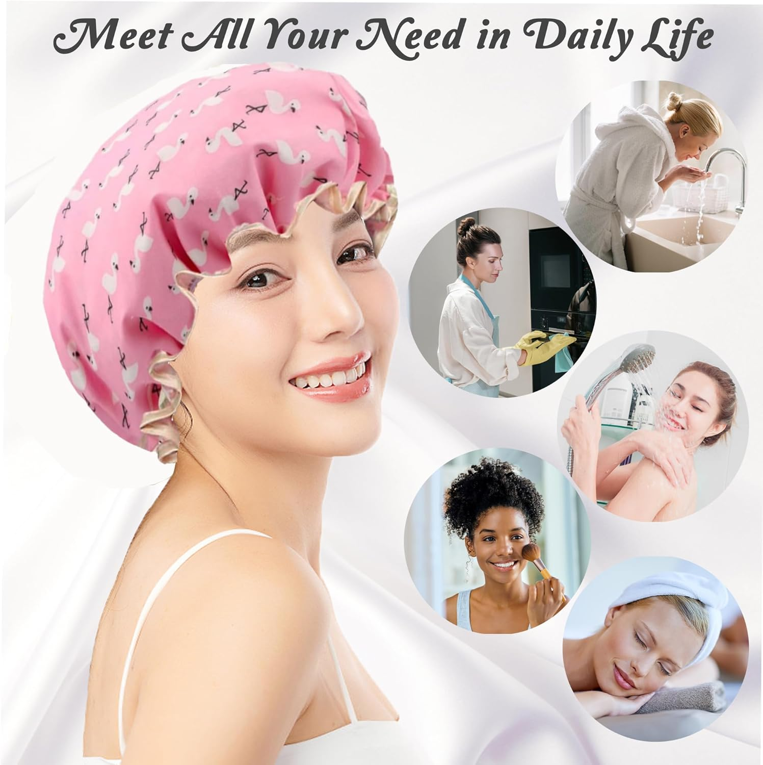 Pack of 2 | Shower Caps for Women, Double Layers Waterproof Bath Caps with Elastic Band, Reusable Shower Hat for Keeping Hair Dry Kitchen Oil-Proof Cap for Adults and Children image number 3