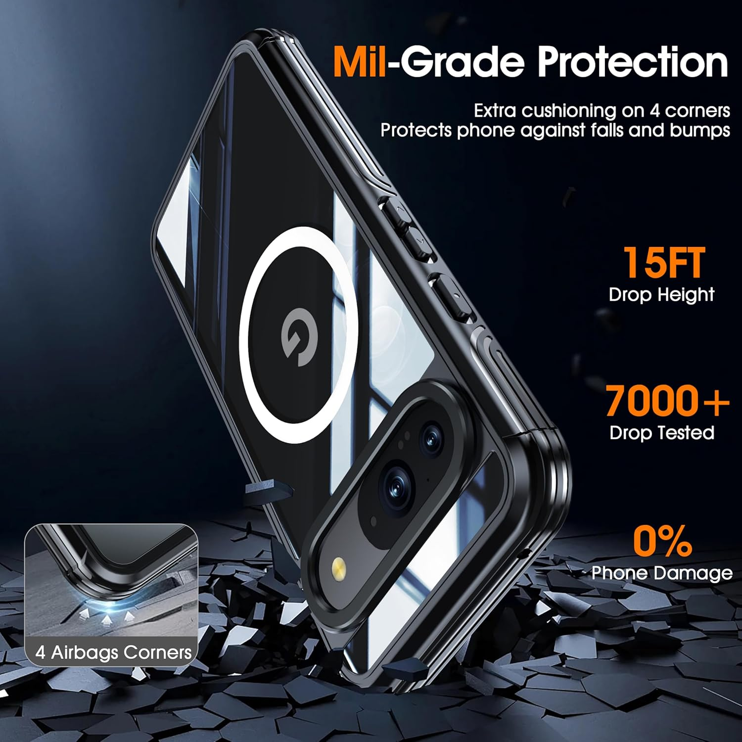 ELEPIK for Pixel 9A Case [Built-In 9H Screen Protector] [Compatible with Magsafe] [Full-Body Protection] Phone Case for Google Pixel 9A with Dustproof, Wireless Charging, Black image number 6