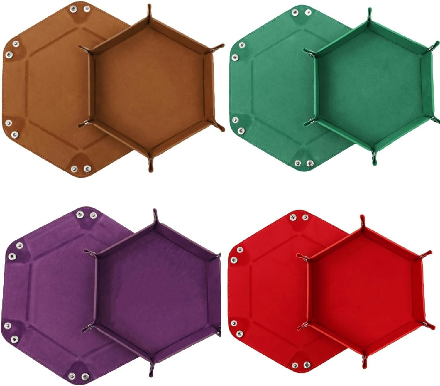 Hilleo DND Dice Tray 4Pcs Hexagon Portable Folding Dice Rolling Tray for Dungeons and Dragons MTG RPG Role Playing Table Games and Dice Games (Red Green Brown and Purple)