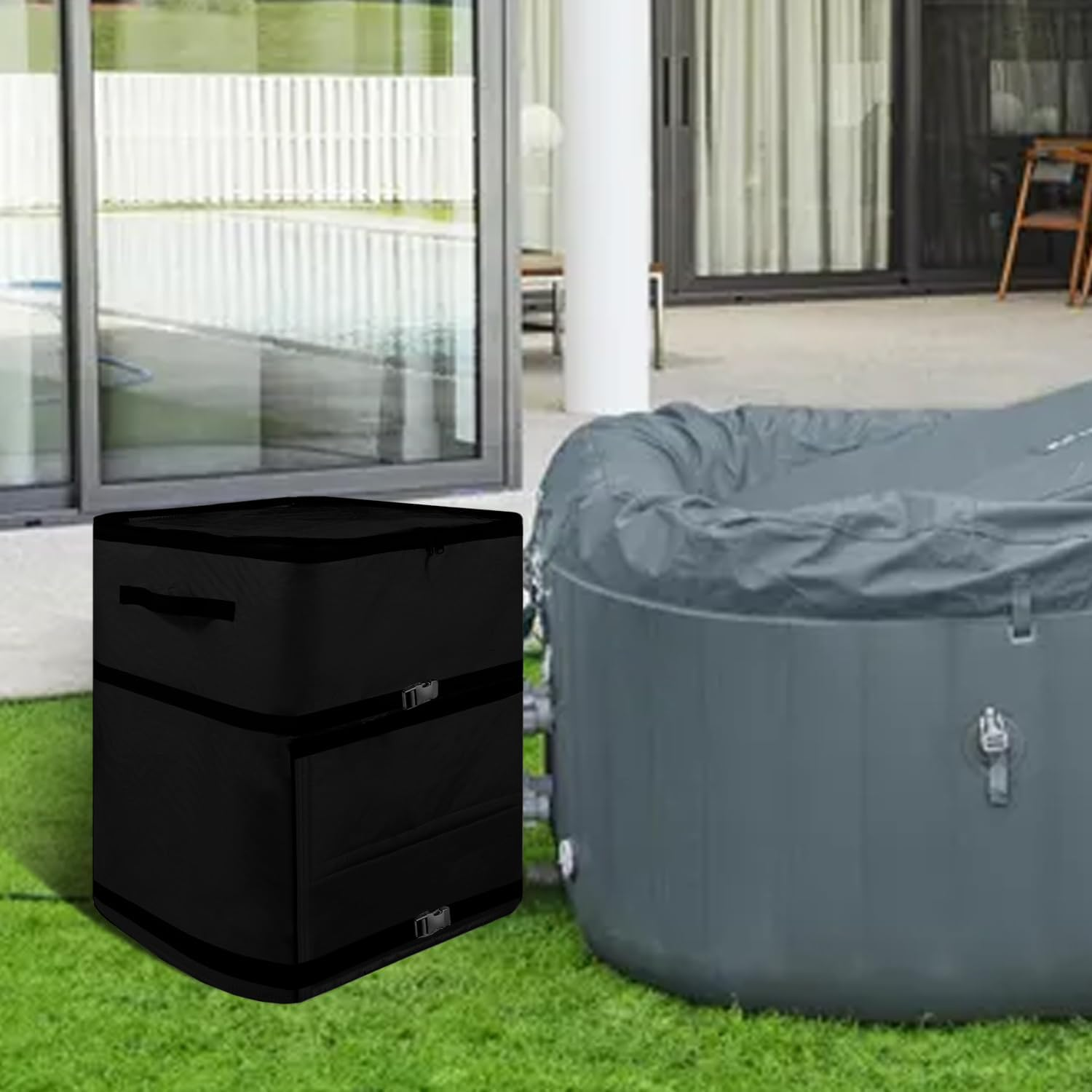 UCEDER Waterproof Hot Tub Pump Cover with Clear PVC Window,Insulated Spa Heater Cover with Install Door Design & Adjustable Buckle (Black, 16.9" X14.9"X21.2")