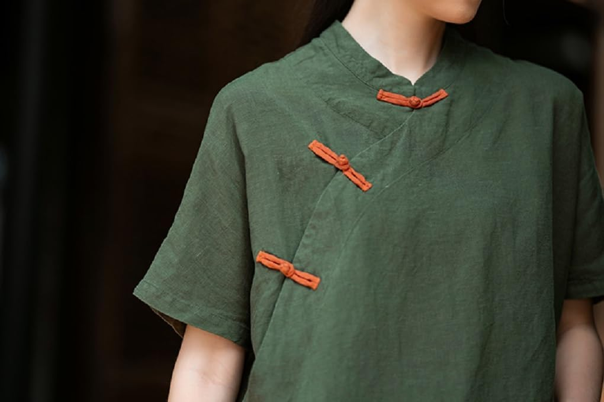 Women'S Chinese Linen Top Tang Style Half Sleeve Shirt Frog Button Blouse image number 5