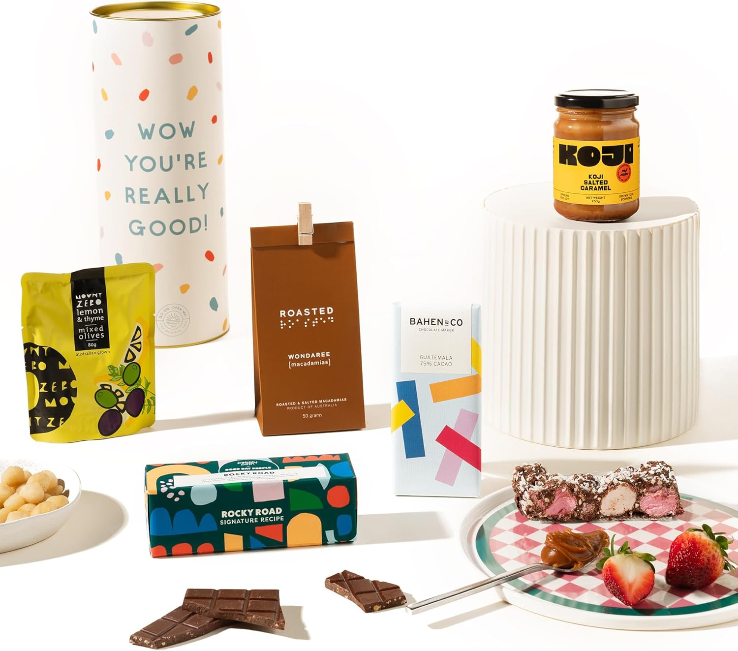 Irresistible Treats Gift Hamper Snack Box | Addictive Alex Gift Hamper by Good Day People | Gourmet Sweet & Savoury Gift with Pebbly Path Rocky Road, Wondaree Macadamias, Bahen & Co. Chocolate and Koji Caramel - Perfect for Dessert Lovers, Birthdays & Corporate Gifts image number 4