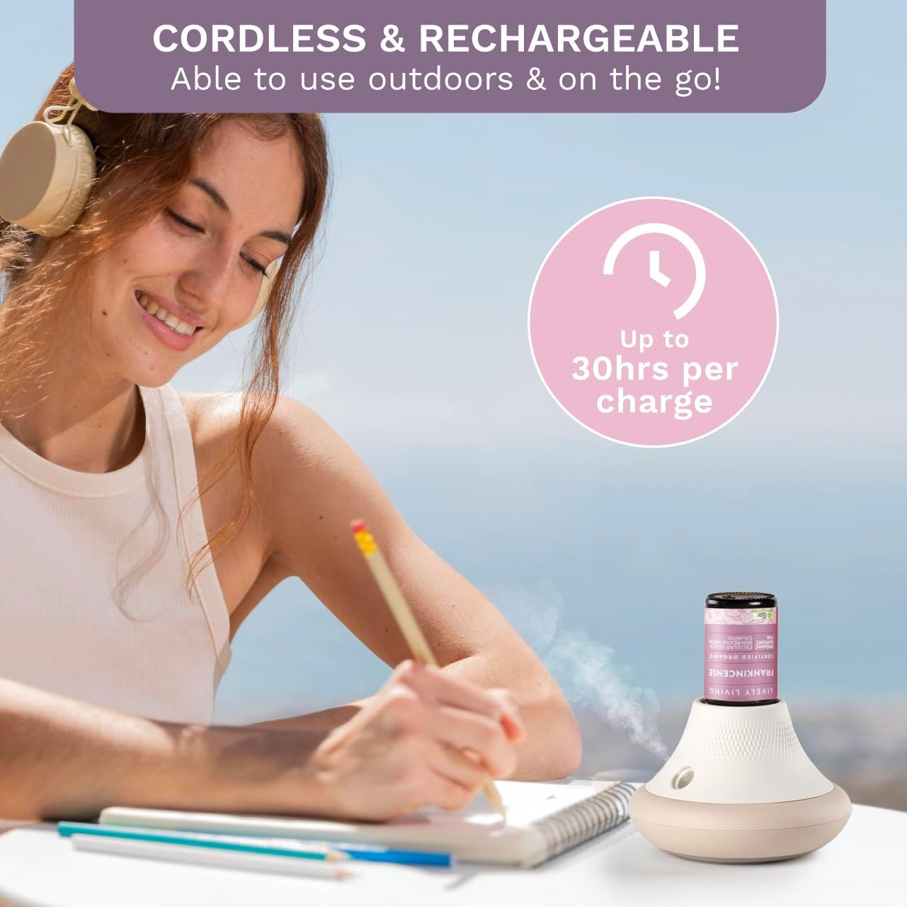 Lively Living Aroma Oil Waterless Diffuser + Oil - (10Ml) Frankinsence Organic Essential Oil USB Rechargeable Battery Operated, Cordless Diffuser, Portable, Wireless & Noiseless with 3 Mist Settings