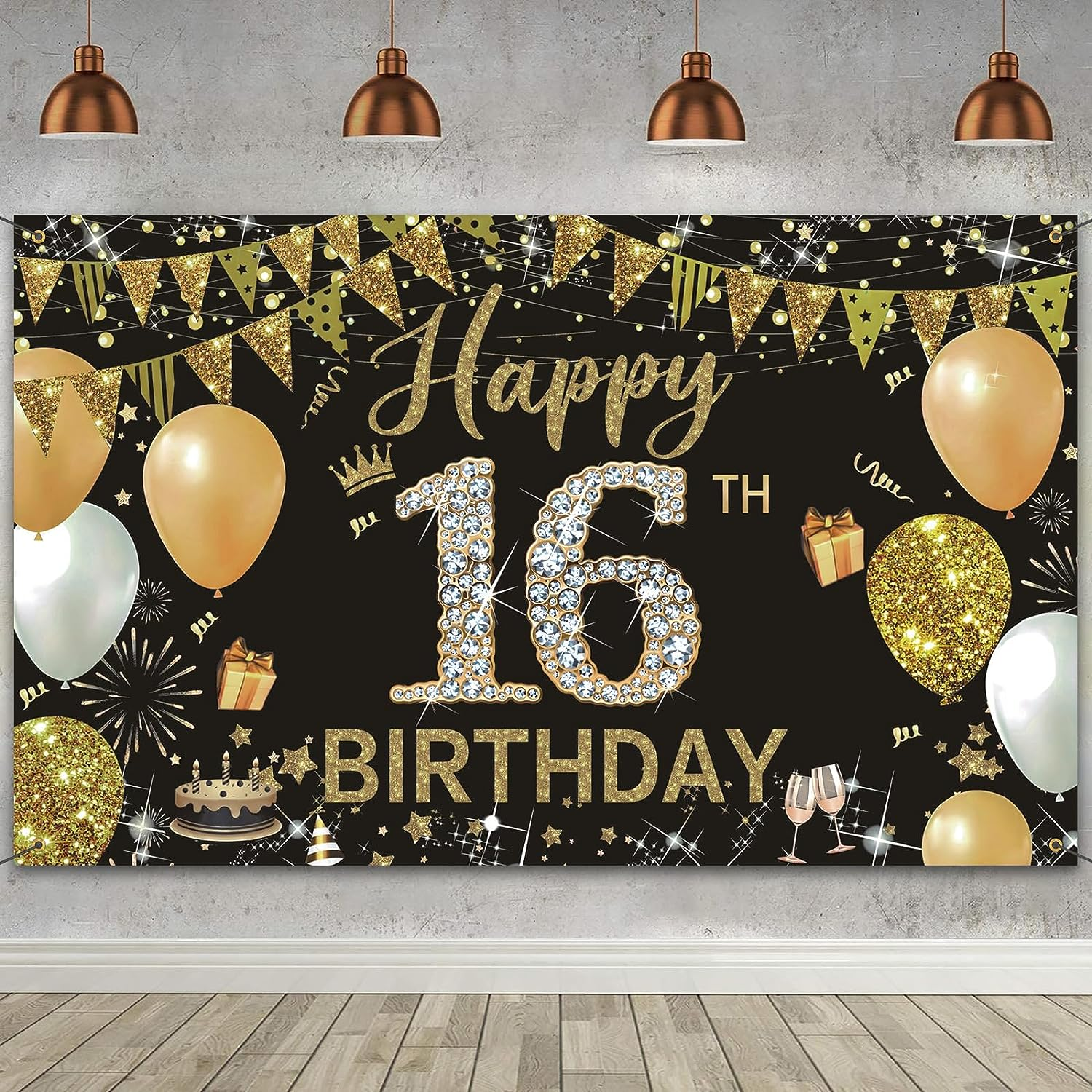 WVMNQO Happy Birthday Banner, 40Th Birthday Decorations Backdrop, Extra Large Black Gold Party Decorations, Perfect Birthday Party Supplies Photography Background for Men, and Women, 180X110Cm