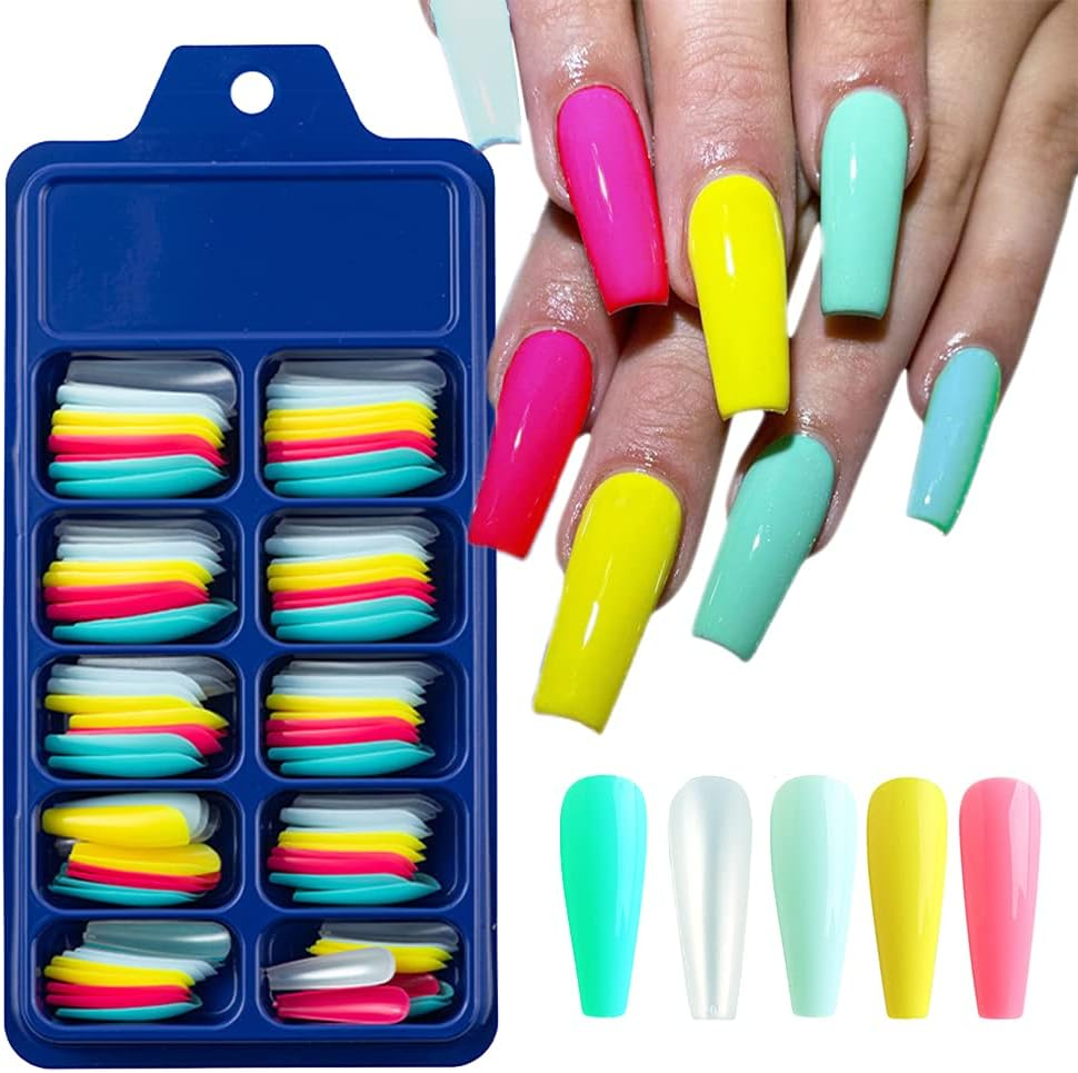 CHANGAR Colorful Long Coffin False Nails Ballerina Fake Nail Candy Press on Nail Acrylic Nail Tips Full Cover Colorful Artificial Nails for Nail Salons and DIY Nail Art (100Pcs) image number 6