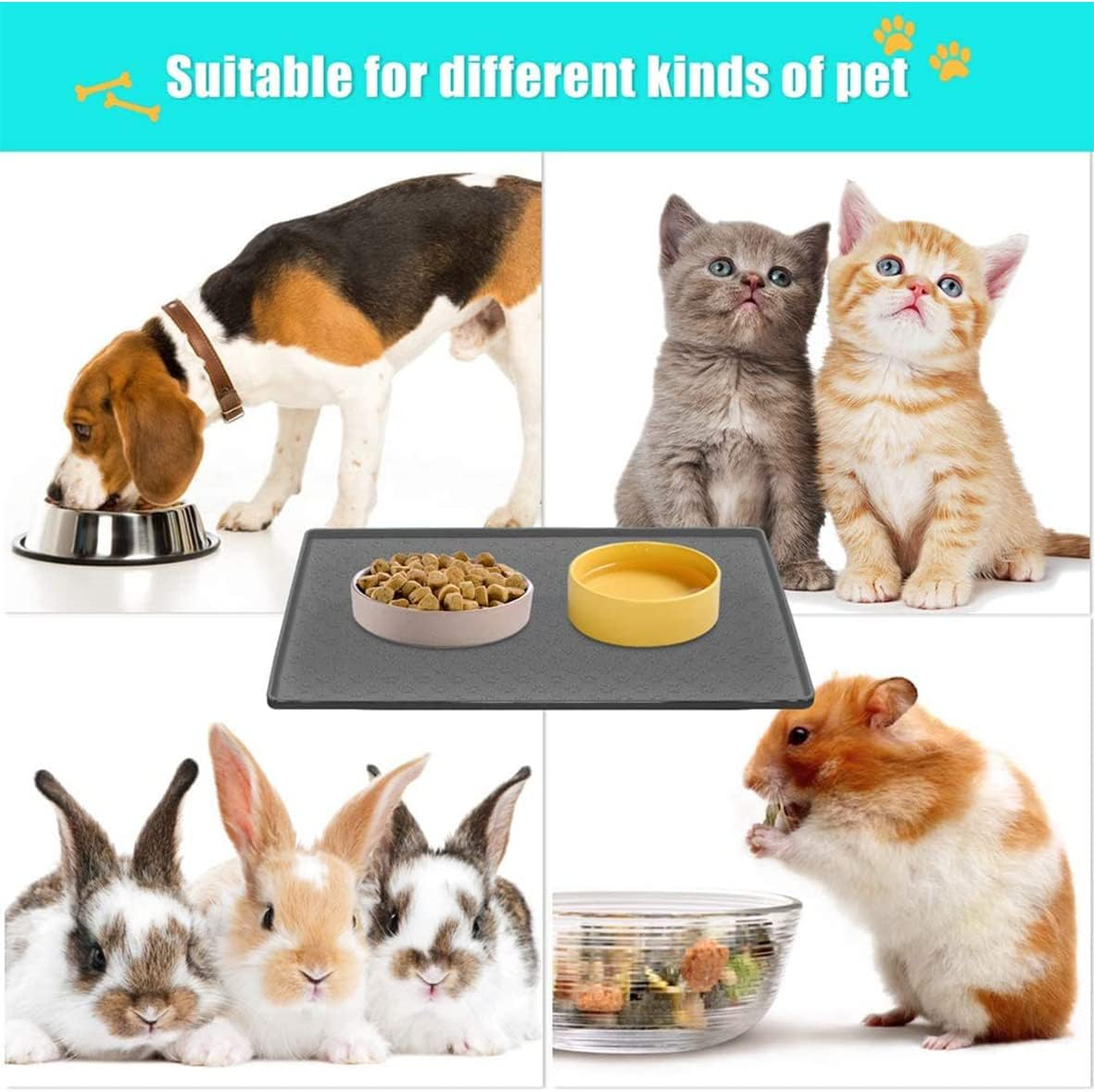 Umtiti Bowl Mat for Dogs and Cats (48 X 30 Cm, Grey), Waterproof Non-Slip Silicone Dog Bowl Feeding Bowl Mat, Waterproof Mat with Rim, Dishwasher Safe, M-1 Piece, Grey