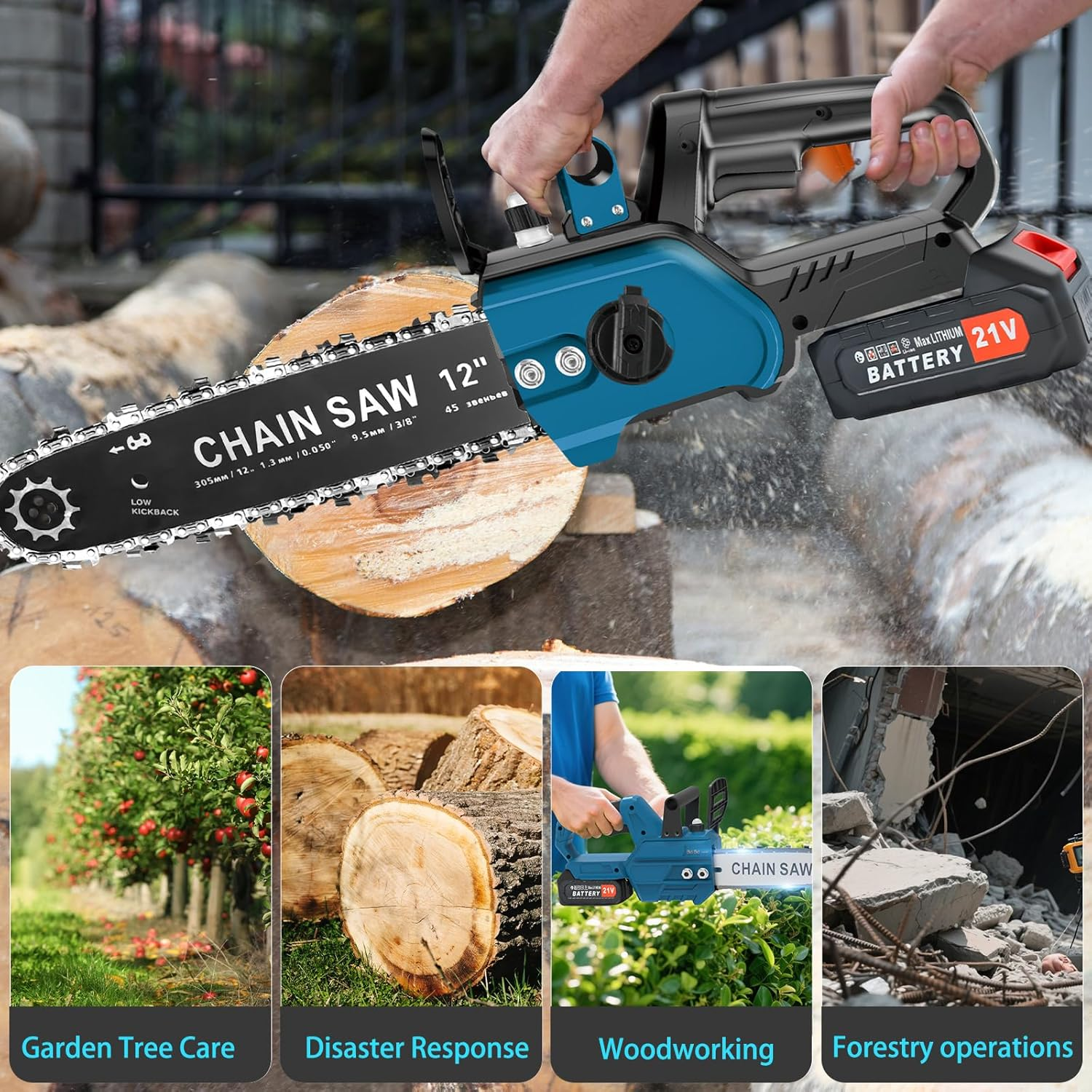 40000Mah Cordless Chainsaw, 12 Inch Electric Cordless Chainsaw Portable with Brushless Motor for Cutting Branches, Trees, DIY Projects Gardening, Forests (Blue) image number 1