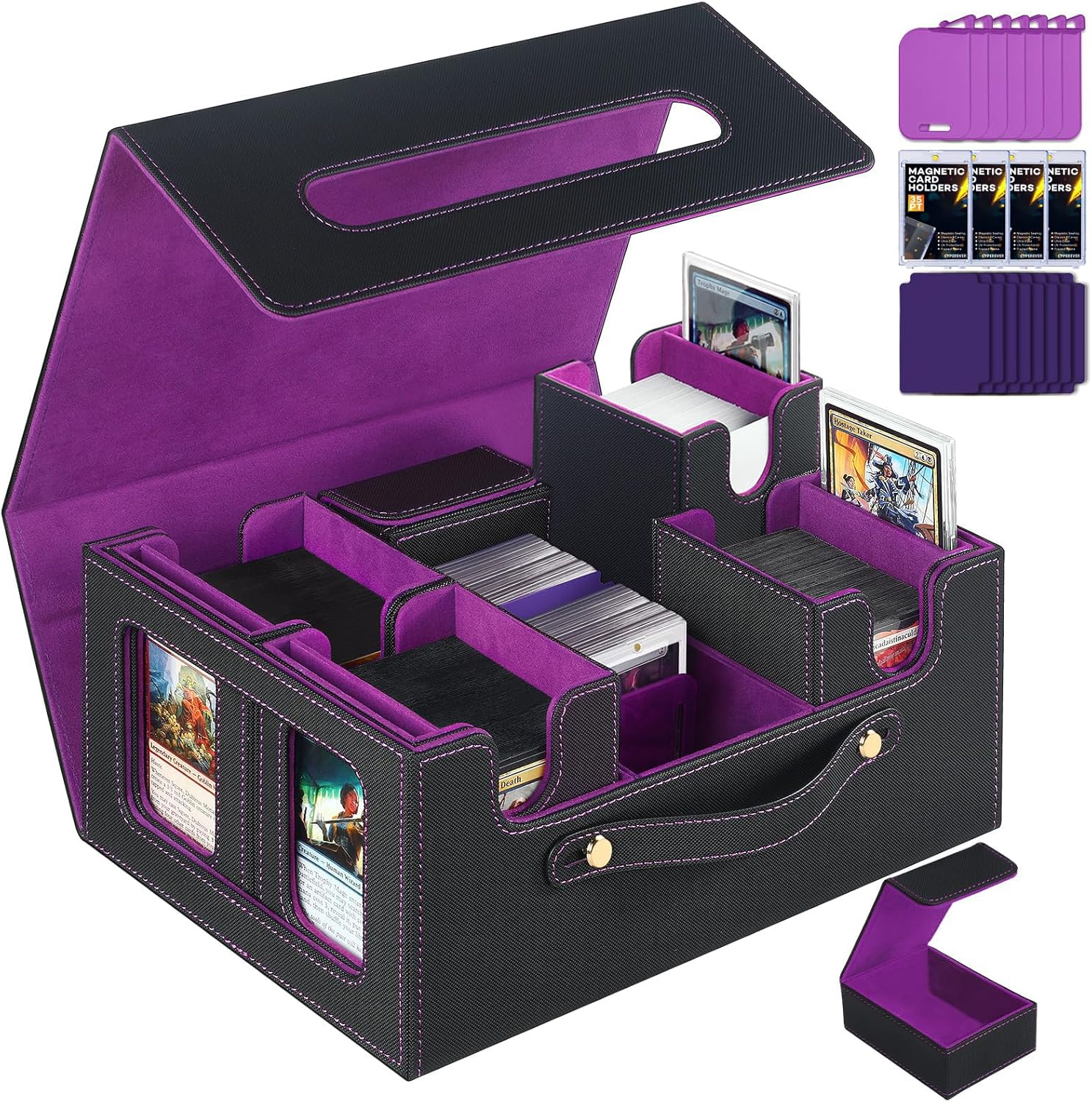 Cyperever Trading Card Storage Box for MTG, Card Storage Box with Commander Display, Multi-Purpose MTG Deck Box for Graded Storage with 4 Toploaders, 8 Stoppers, 8 Dividers (Black & Purple) image number 3