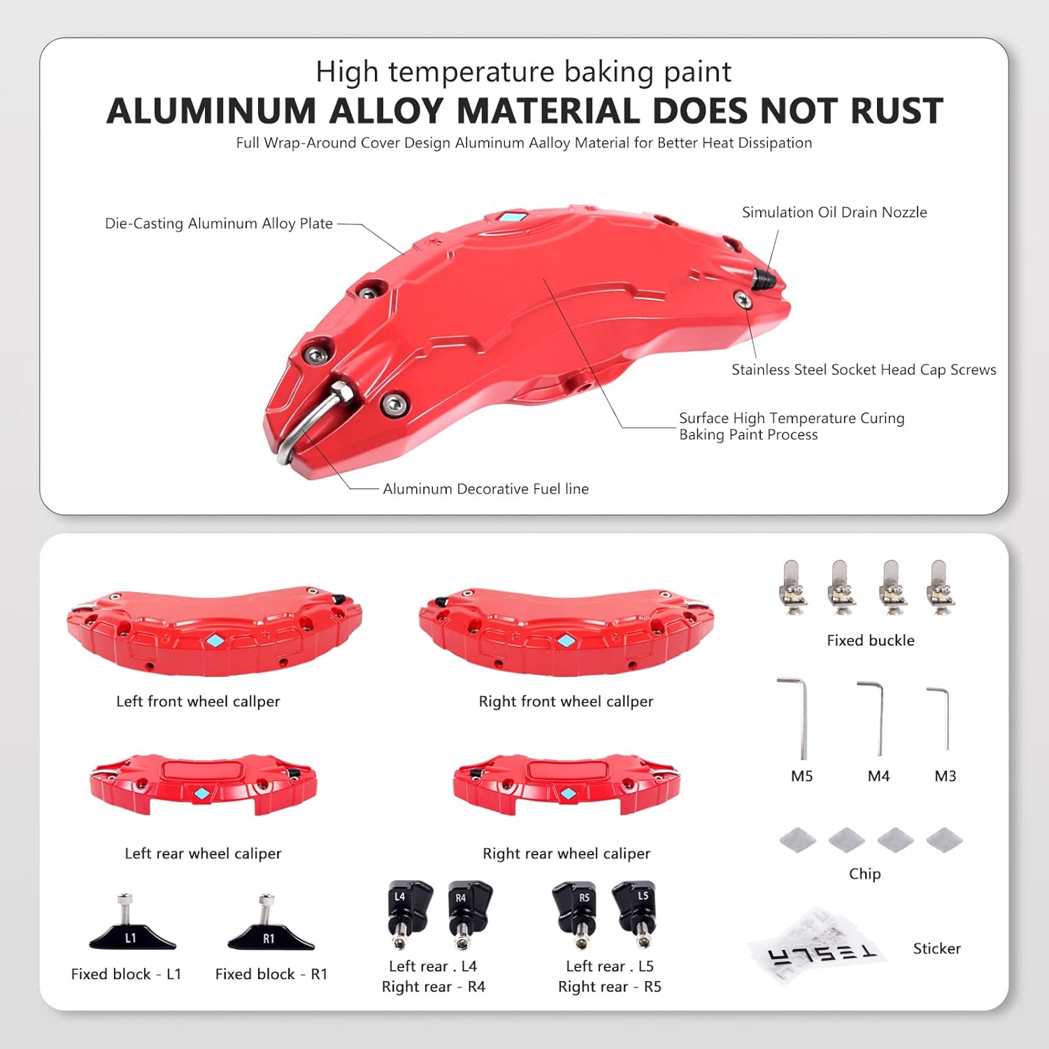 MIKODA Caliper Covers for Tesla Model Y 19" 20", 19In 20In Wheel Hub Front and Rear Brake Caliper Covers Compatible with Tesla Model Y 2017-2023 (Red) image number 2