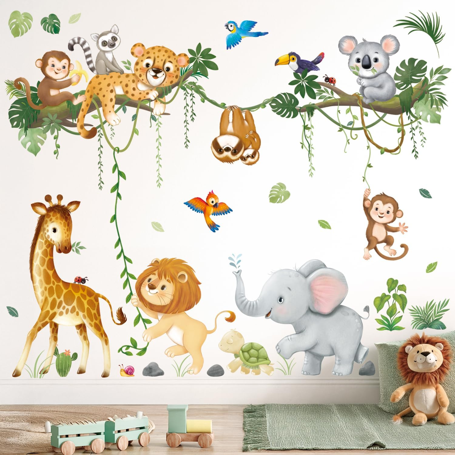 DECOWALL SG2-2501 Jungle Animal Wall Stickers Safari Tree Branch Removable Peel and Stick Nursery Decals Baby Kids Room Home Decor Giraffe Lion Elephant Monkey image number 4