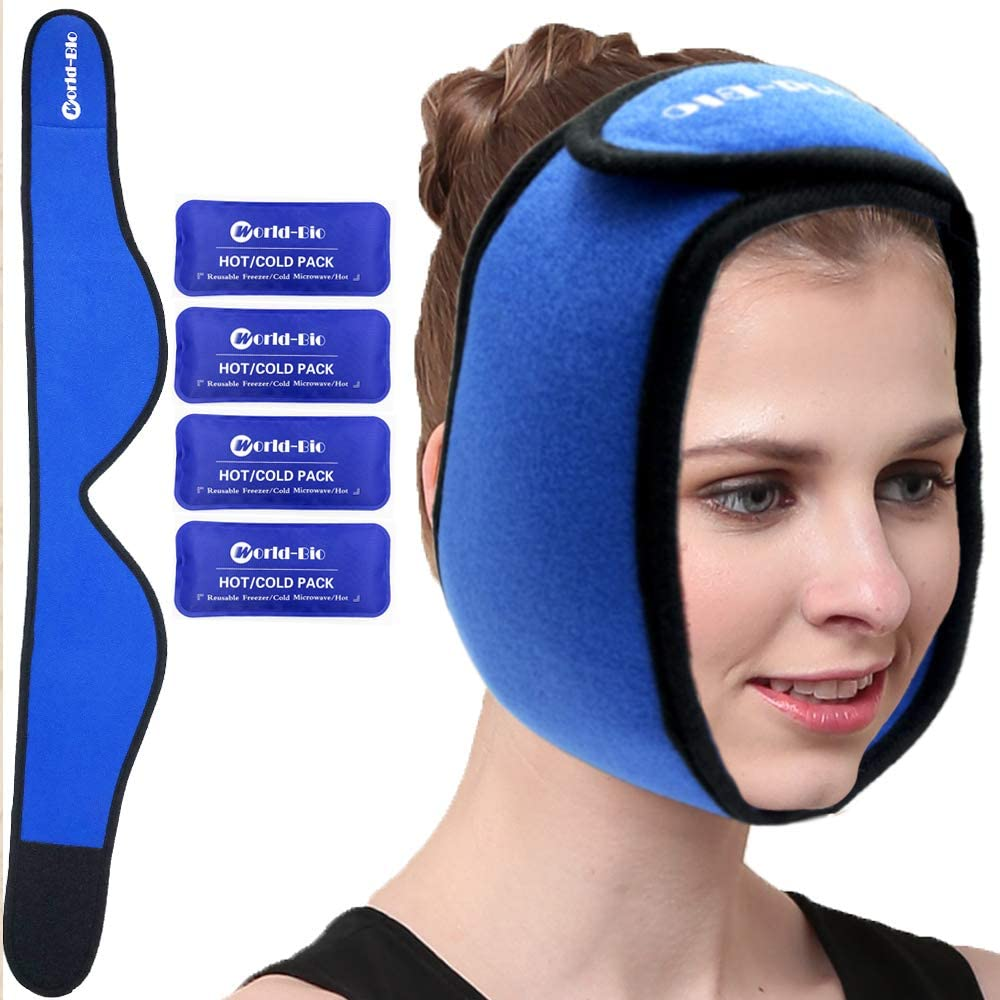 WORLD-BIO Face Ice Pack for Wisdom Teeth, Jaw, Head, Chin - 4 Reusable Hot & Cold Gel Packs with Adjustable Stretch Wrap Relief for Injuries, Oral and Facial Surgery, Migraine, TMJ Pain image number 2