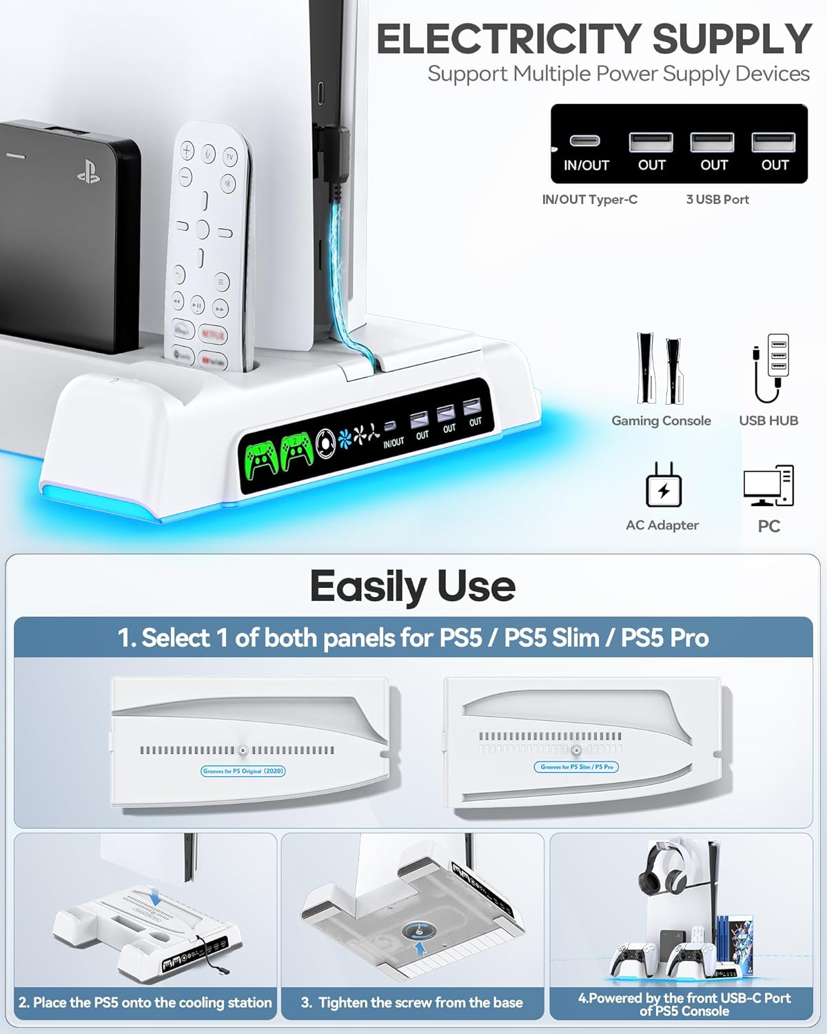 Kytok Ps5/Slim/Pro Cooling Stand with PS 5 Controller Charger for Playstation 5 Console, PS5 Stand with 3 Levels Cooling Fan, Vertical Station with Headset Holder image number 1