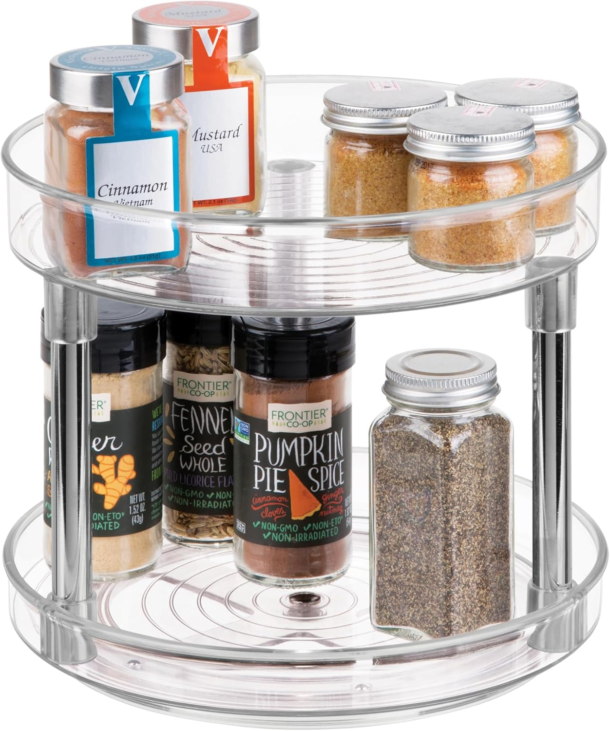 Idesign Rotatable Spice Rack with 2 Tiers, Small Plastic Kitchen Cupboard Storage for Spices and Condiments, Rotating Spice Jars Holder for Kitchen and Pantry, Clear image number 3