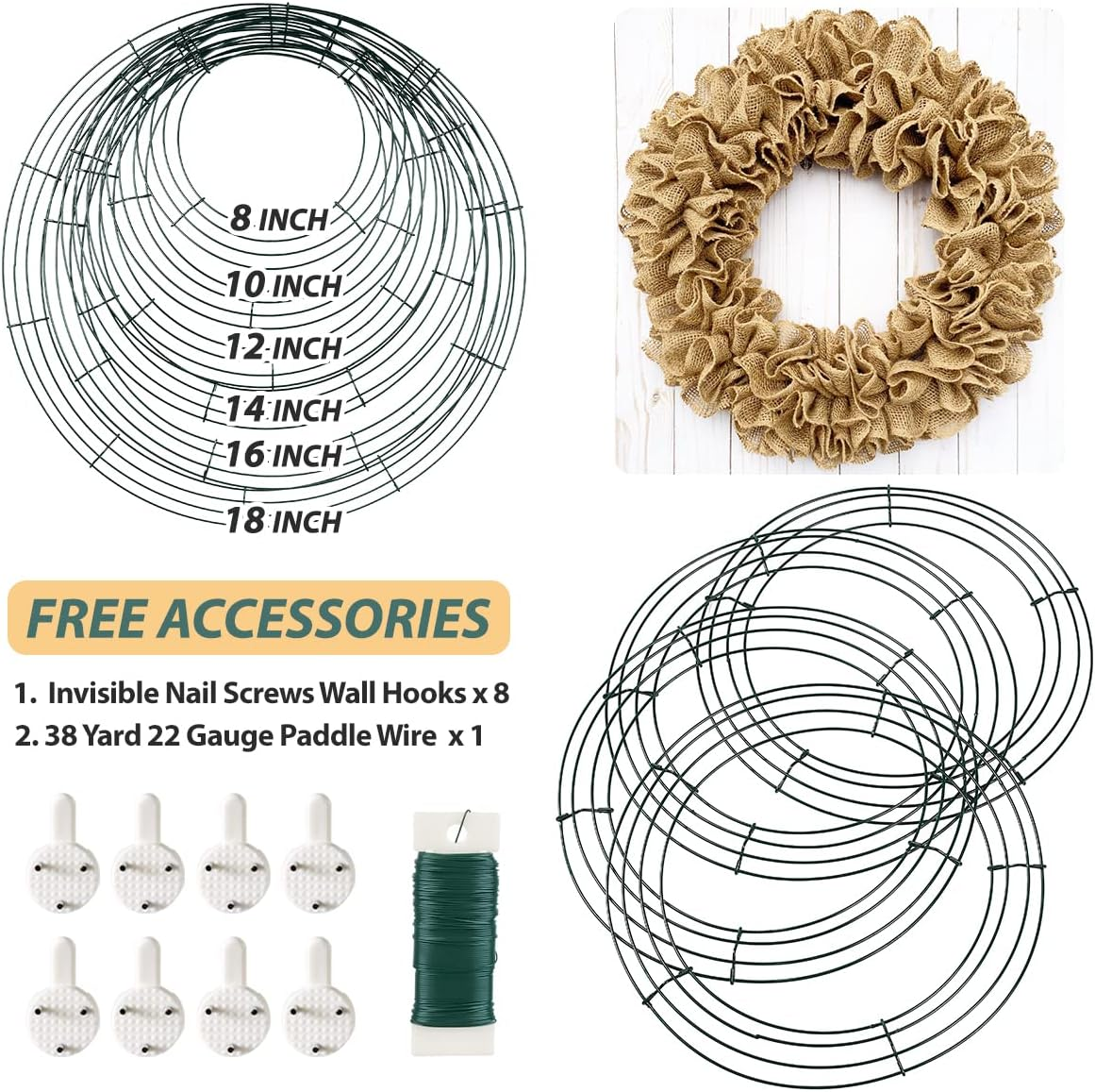 8 Pack Wire Wreath Frame 14 Inch Metal Wreath Form Wreath Ring for Crafts DIY Front Door Wreaths Christmas New Year Wreaths Valentines Wedding Garden Home Party Decoration with 38 Yard Paddle Wire image number 2