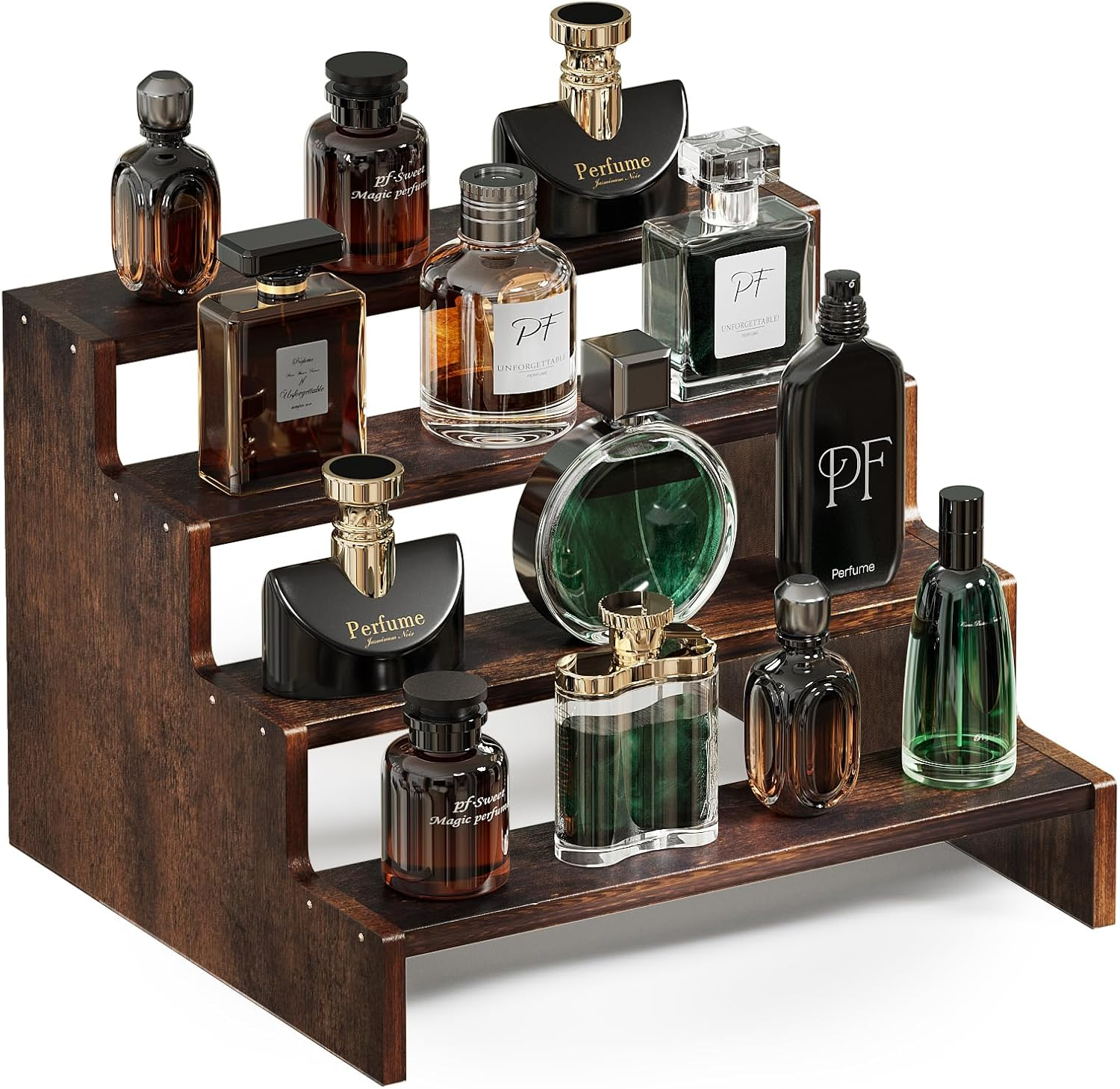 Procase Wooden Cologne Organizer for Men, 4 Tier Perfume Organizer Display Risers, Mens Cologne Stand Holder Organizer, Cologne Shelf Rack for Fragrances Candles Cosmetics Cupcake Figure -Black