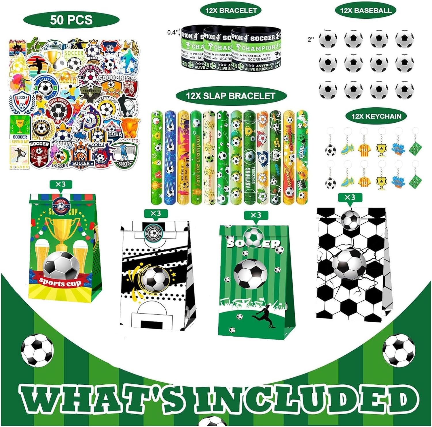 110Pcs Soccer Party Favors Bags Soccer Goodie Bag with Mini Ball, Wristband, Slap Bracelets, Keychains, Stickers for Soccer Party Supplies image number 3