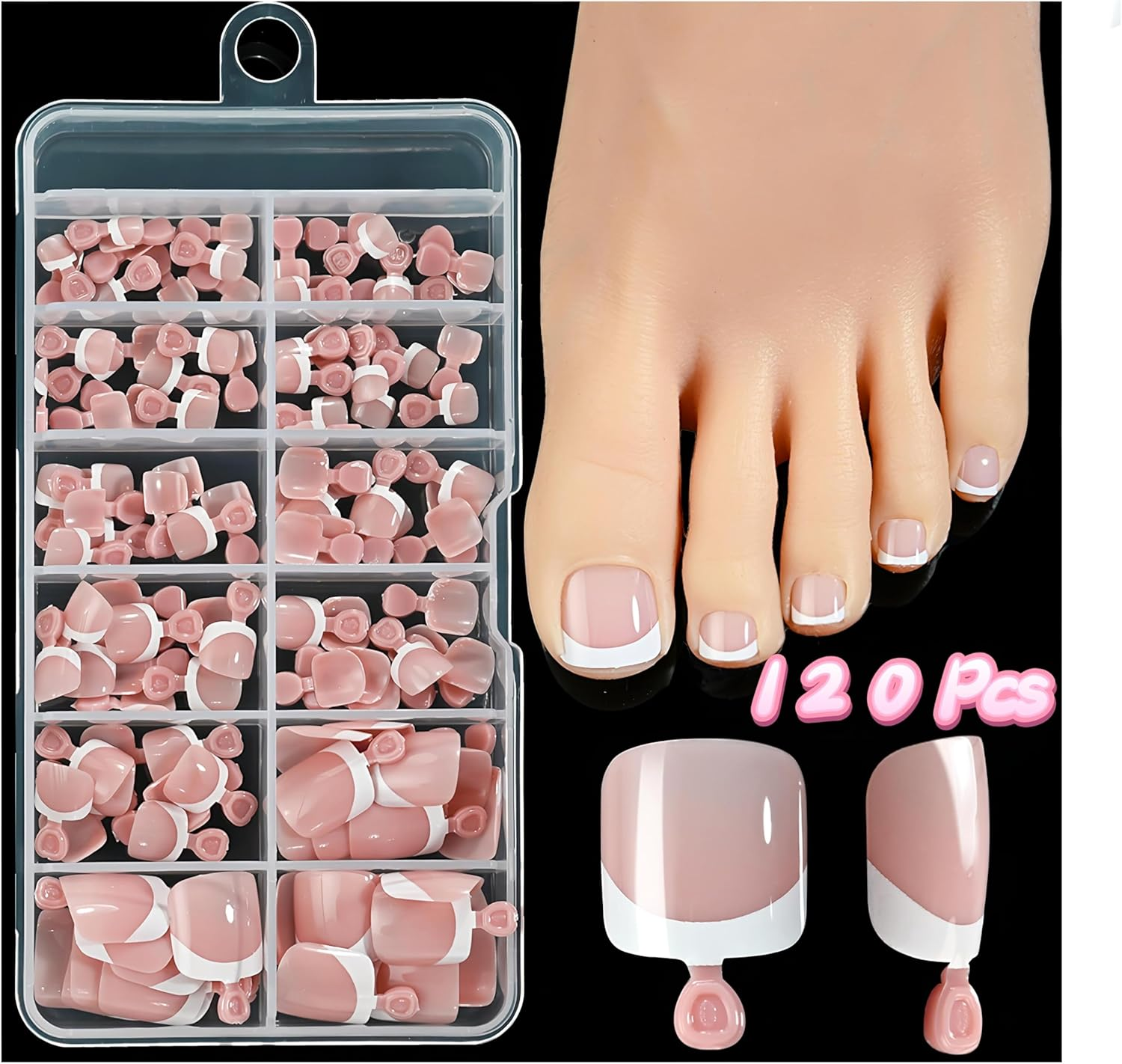 120 Pcs White Edge Pink Fals Toenails - Pink Full Cover False Nails Short Square Shape, Odourless Gel Toe Nail Covers for Women (Natural Look Pedicure Essentials) image number 2