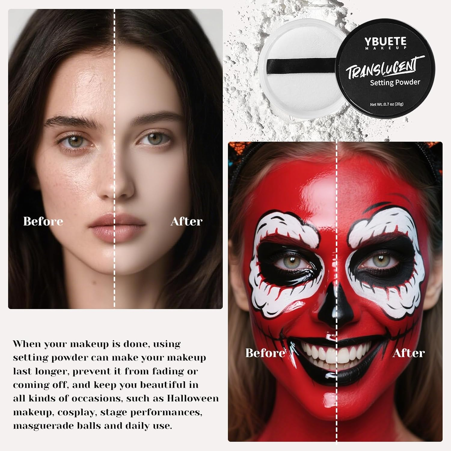 YBUETE White Black Face Body Paint Stick Set with Translucent Setting Powder and Sponges, Professional Full Coverage Face Painting for Adults Halloween Cosplay SFX Skull Zombie Skeleton Goth Makeup image number 4