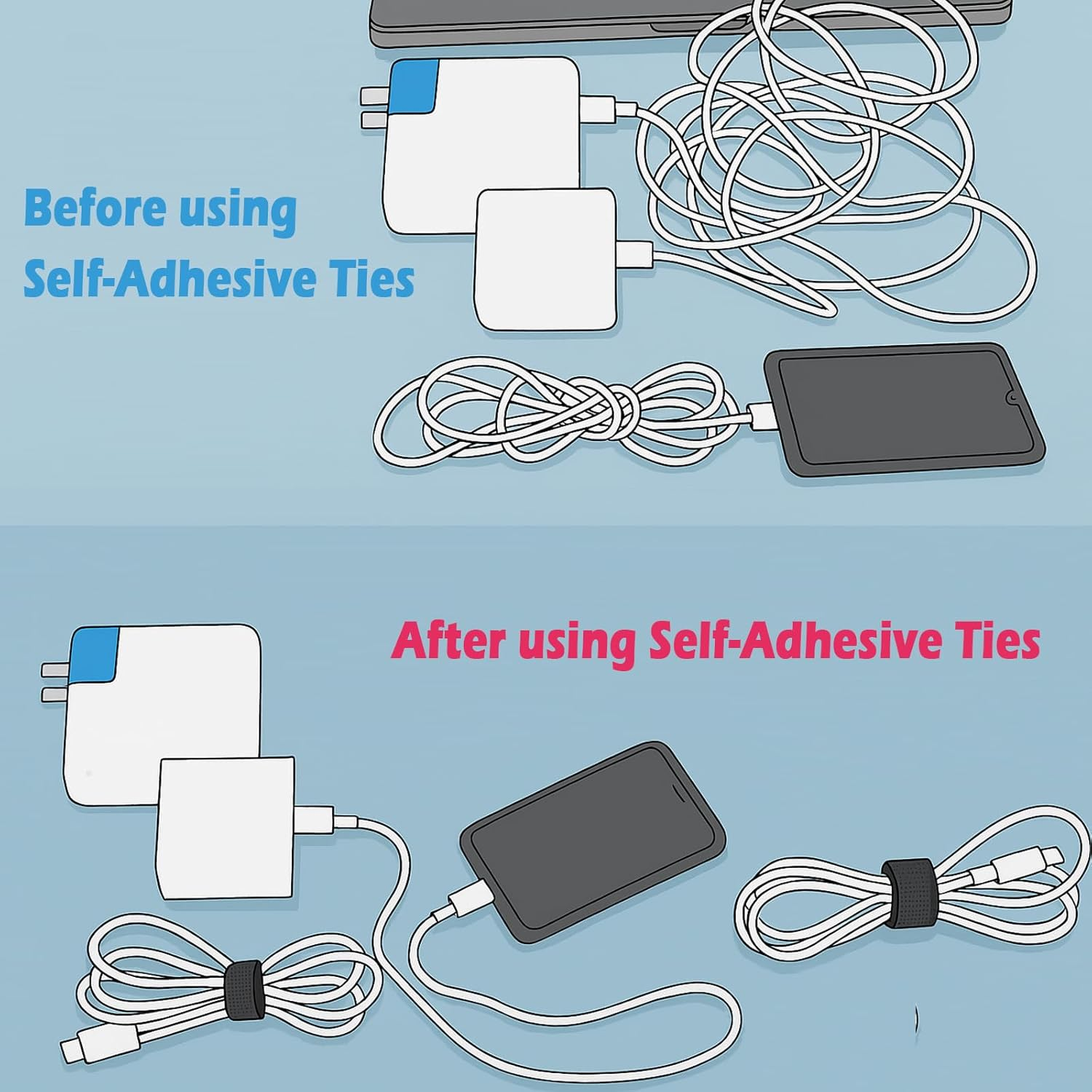 2Pack Reusable Self Ties - Multi-Purpose Holder Hook & Loop Cable Straps Wire Ties, Adjustable Fastening Organizer, Cord Wrap and Hook Loop Cords for Home and Office Organization,Black image number 1