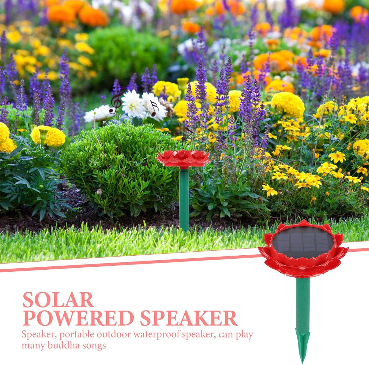BRIGHTFUFU Buddhist Solar Player Lotus Shape Waterproof Speaker Solar-Powered Garden Speaker Buddha Songs Player image number 1