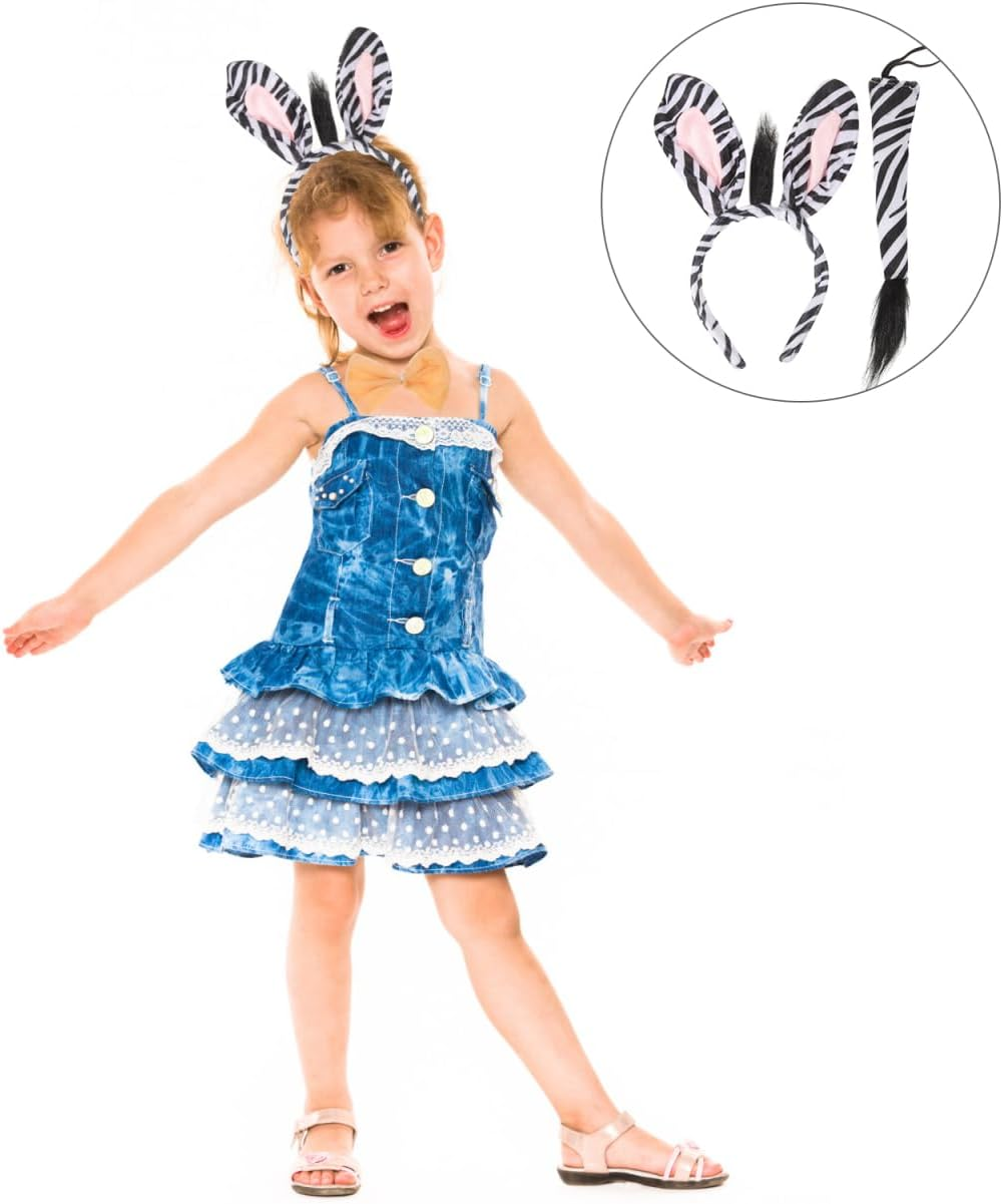 Zebra Costume Accessories Set - Headband, Tail, Hair for Kids Animal Cosplay - Jungle-Themed Parent-Child Clothing Headgear image number 1