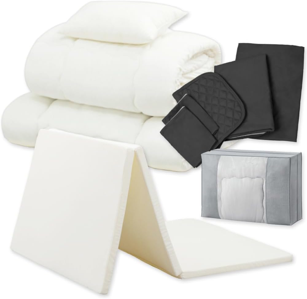 Iris Ohyama KFS-R-M10S 10-Piece Futon Set with Ready-To-Use High-Density Mattress Updated for Improved Sleeping, High Density Urethane 25D, Extra Filling, Storage Bag with Handle, Single Ash/White