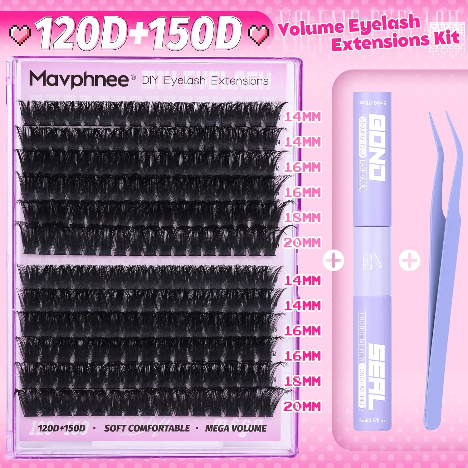 Lash Clusters Kit 14-20MM Long Eyelash Extension Kit 192Pcs Thick Volume DIY Lash Extensions Kit Fluffy Cluster Lashes D Curl Individual Lashes Kit 120D+150D Cluster Eyelash Extensions Kit image number 6