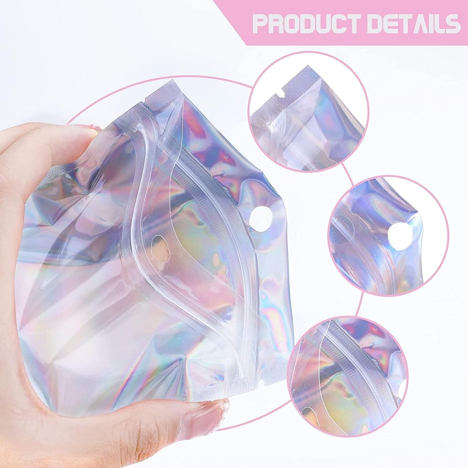 100PCS Resealable Rainbow Color Foil Ziplock Bags - Smell Proof & Holographic Packaging Bags for Food Storage, Coffee Beans, Candy, Jewelry, Lip Gloss - Ideal for Small Business (8 * 13Cm) image number 1