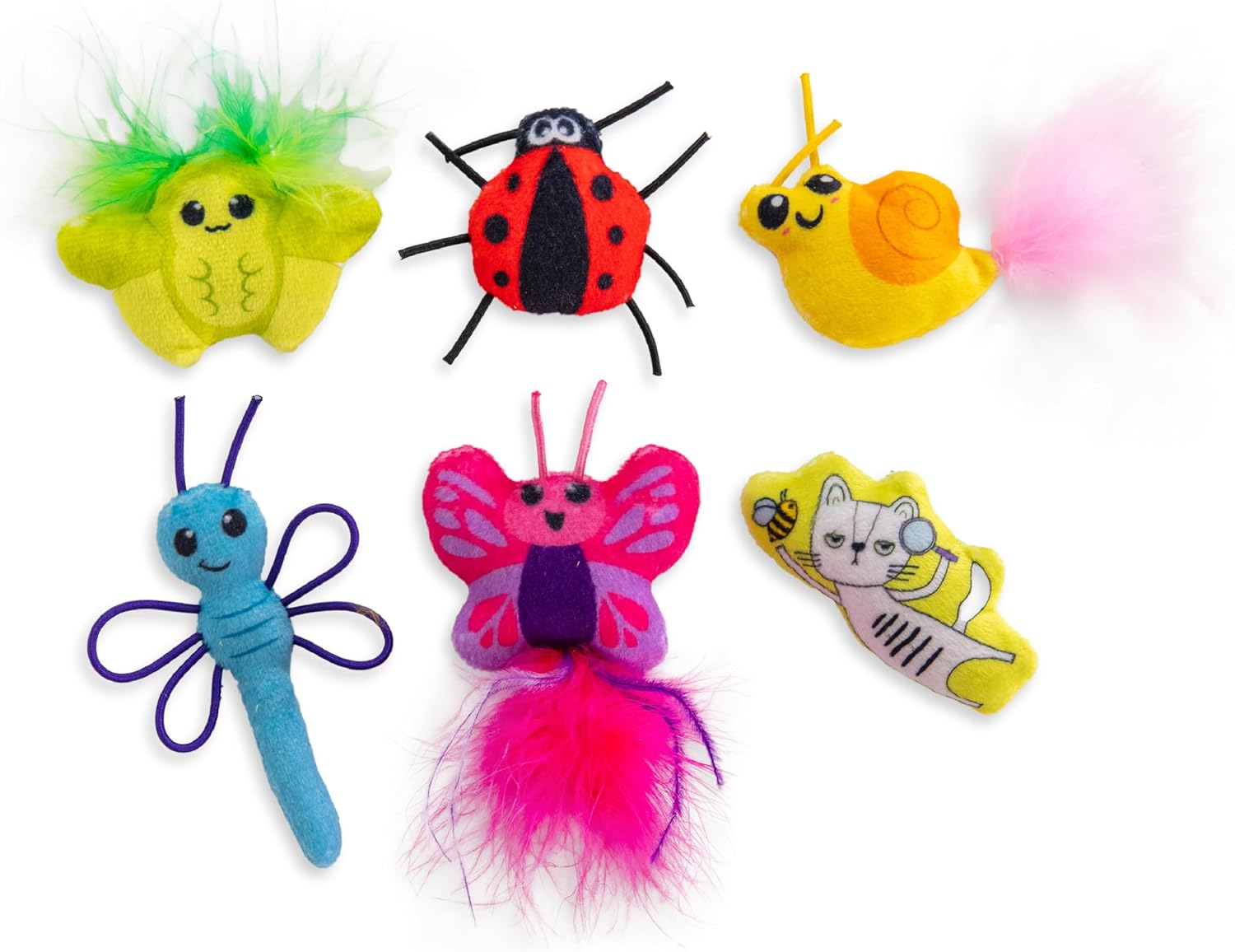 Catstages Cute as a Bug Plush Interactive Cat Toys, Bug Themed Kicker Catnip Toys with Feathers, Crinkle, Mesh, 6Pk, Small, Multicolored image number 3