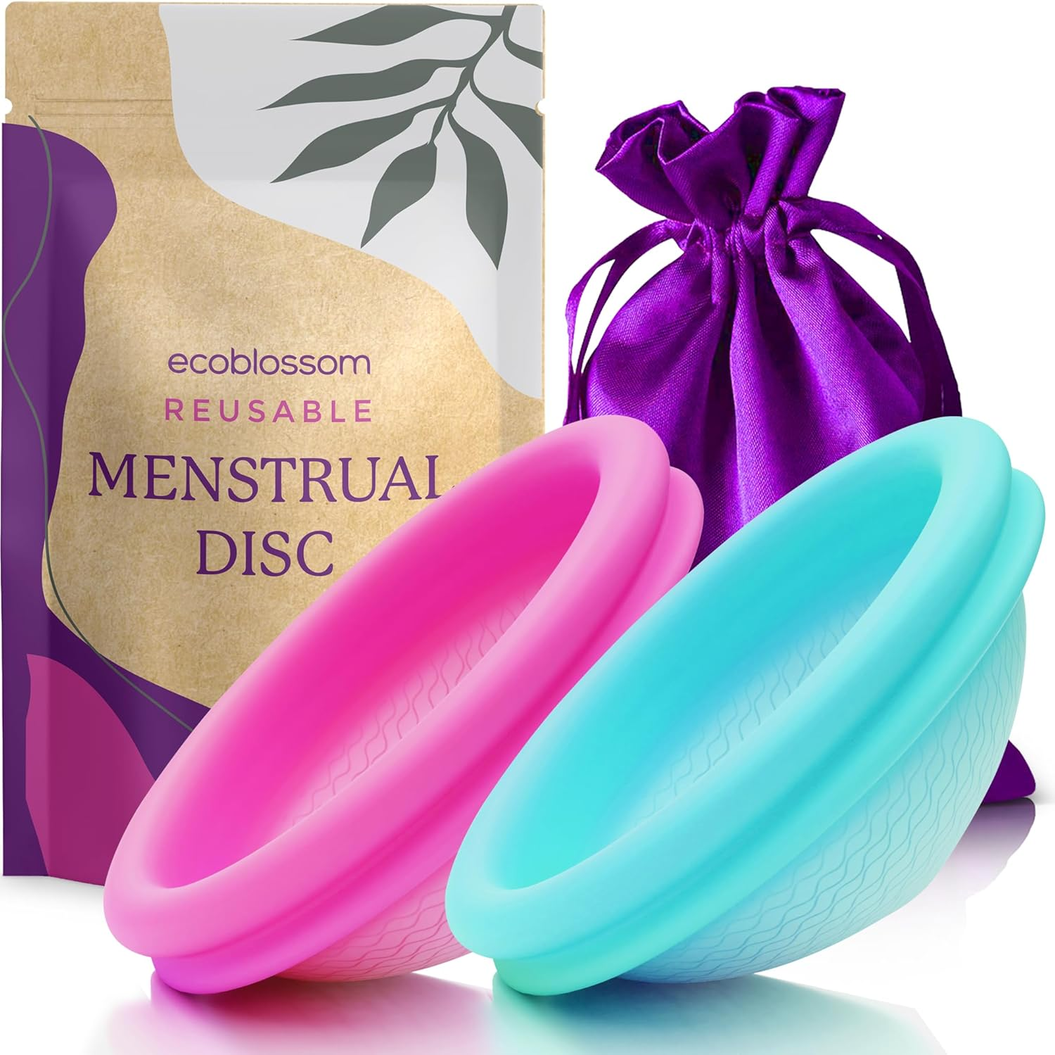 Ecoblossom Reusable Menstrual Disc - Large Menstrual Cup - Soft Period Disc for Women Designed with Flexible, Medical-Grade Silicone Period Cup (Large, Cyan)